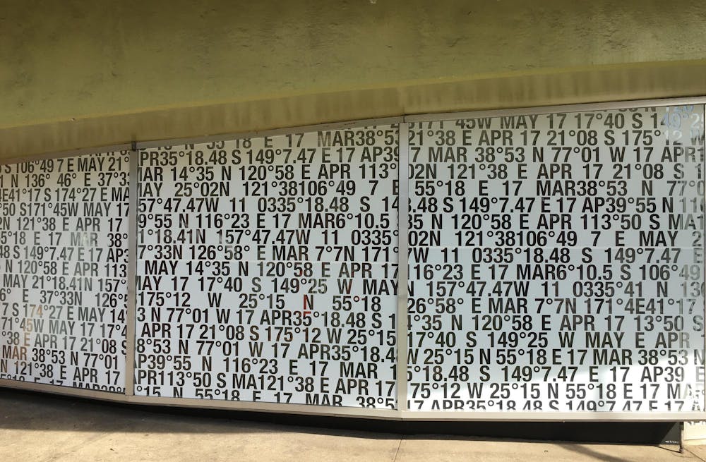 Window with a series of cut-out numbers - artwork by Mohammad Kazem for the 2017 Honolulu Bienniel