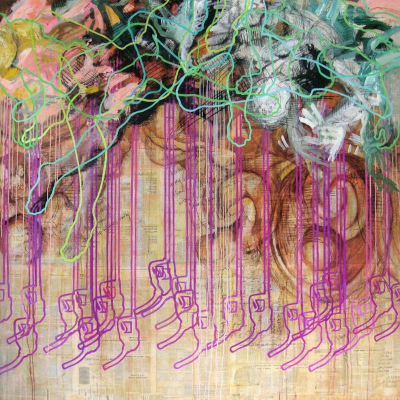 Sleeping Beauties, 2011-2012 Ayad Alkadhi (b. 1971) Charcoal, acrylic, pen and pencil on Arabic newspaper on canvas 72″x 72″ – 183 cm x 183 cm