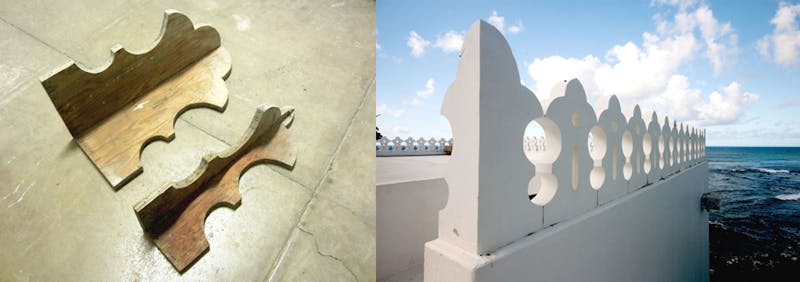 Left: Two complimentary pieces of wooden formwork, used for the production of the corner crenellated ornament at the Playhouse. Doris Duke Foundation for Islamic Art, Honolulu, Hawai’i. (Photo: Alison Chiu, 2012.) Right: Close-up view of a corner crenellation at the makai roof of the Playhouse. Doris Duke Foundation for Islamic Art, Honolulu, Hawai’i. (Photo: Alison Chiu, 2011.)