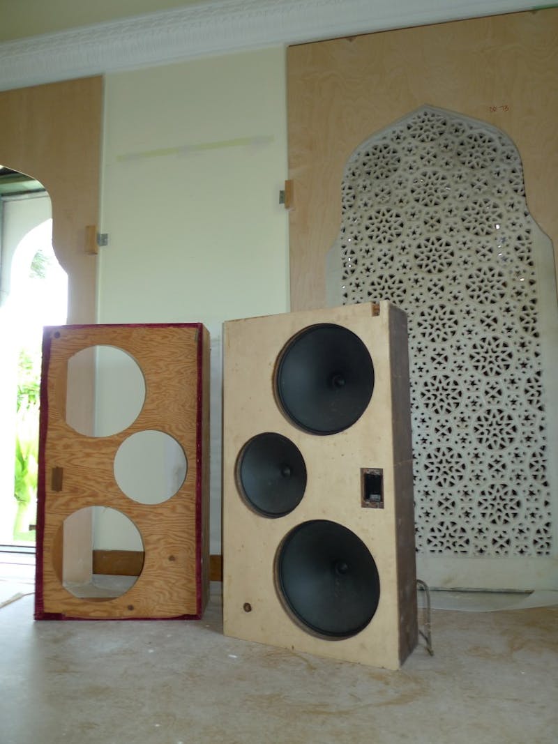 Speakers found behind the southwest vitrine were deinstalled in December 2013.