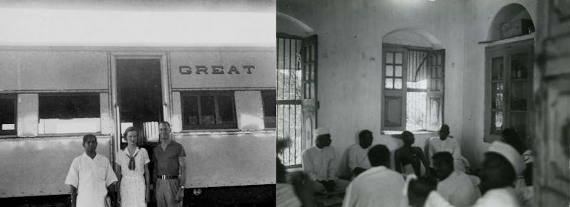 Left: Unidentified man, Doris Duke, and James Cromwell, en route to meet Gandhi. March 1935.                Right: Gandhi was meeting with the All-India Village Industries Association at Wardha when the Cromwells arrived. March 16, 1935. Doris Duke Photograph Collection, Doris Duke Charitable Foundation Historical Archives, David M. Rubenstein Rare Book & Manuscript Library, Duke University.