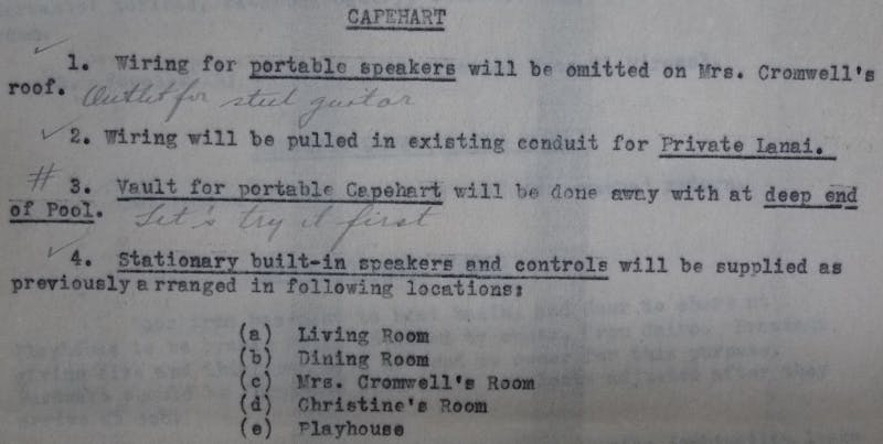 Annotated correspondence with the architects dated May 1, 1937, reflects the Cromwells’ active participation in the Capehart design process. Shangri La Historical Archives, Doris Duke Foundation for Islamic Art, Honolulu, Hawai’i.