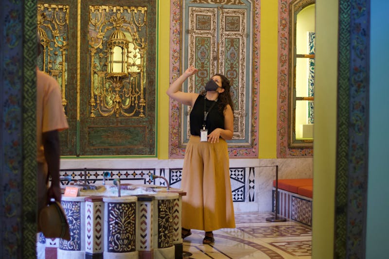 Public Engagement Assistant, Nahed Minawi, presents a teach-in lecture inside the Ottoman Gallery at Shangri La.
