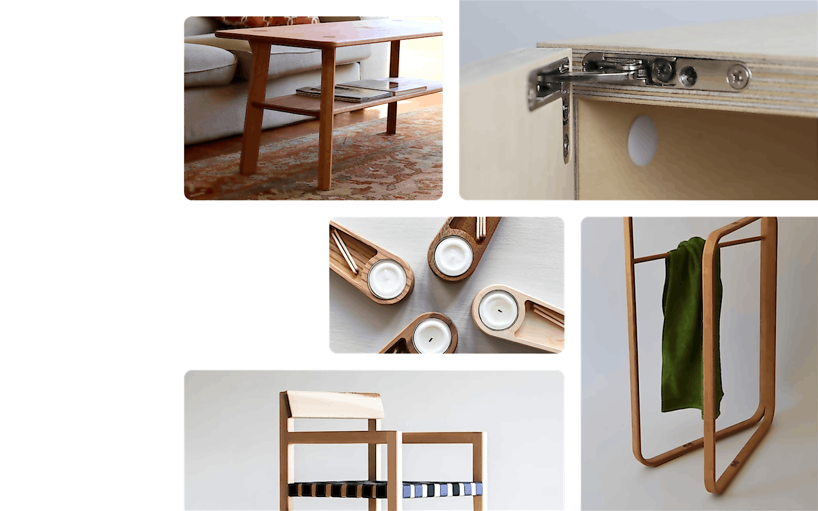 A collage of a coffee table, a cabinet hinge, towel rack, the Stock chair, and candle holders