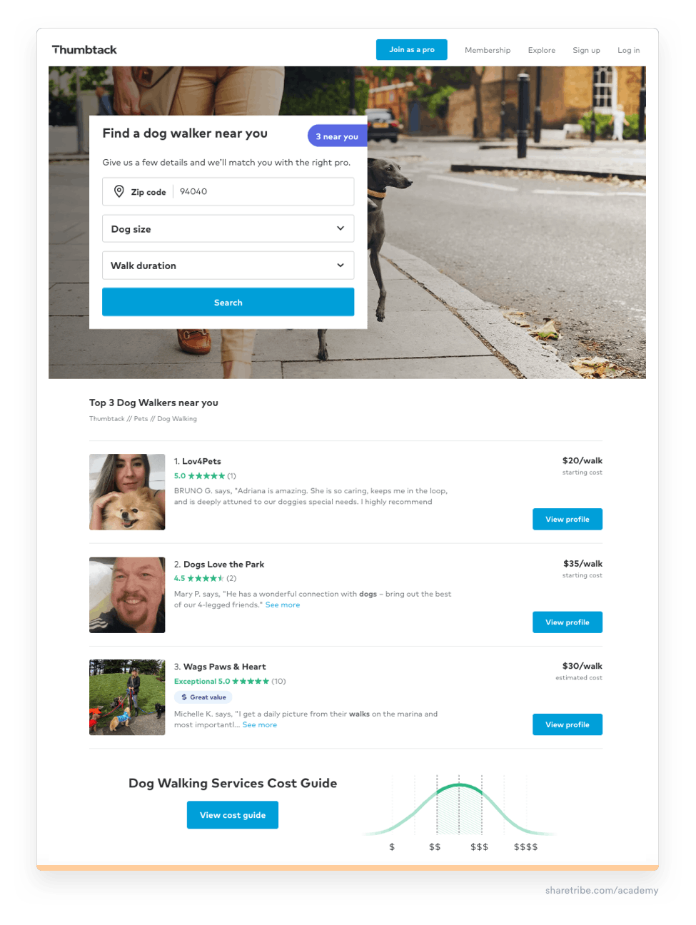 Screenshot of Thumbtack's landing page for "dog walker near me" type queries.