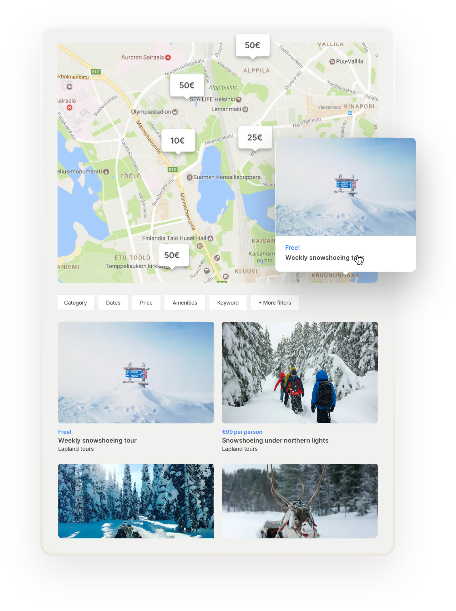 A map on the Localtribe marketplace, with bubbles for addresses where tours happen. One bubble is opened, showing a free snowshoeing tour. Below, there are some additional filters like category and dates. Then, some tour thumbnails.