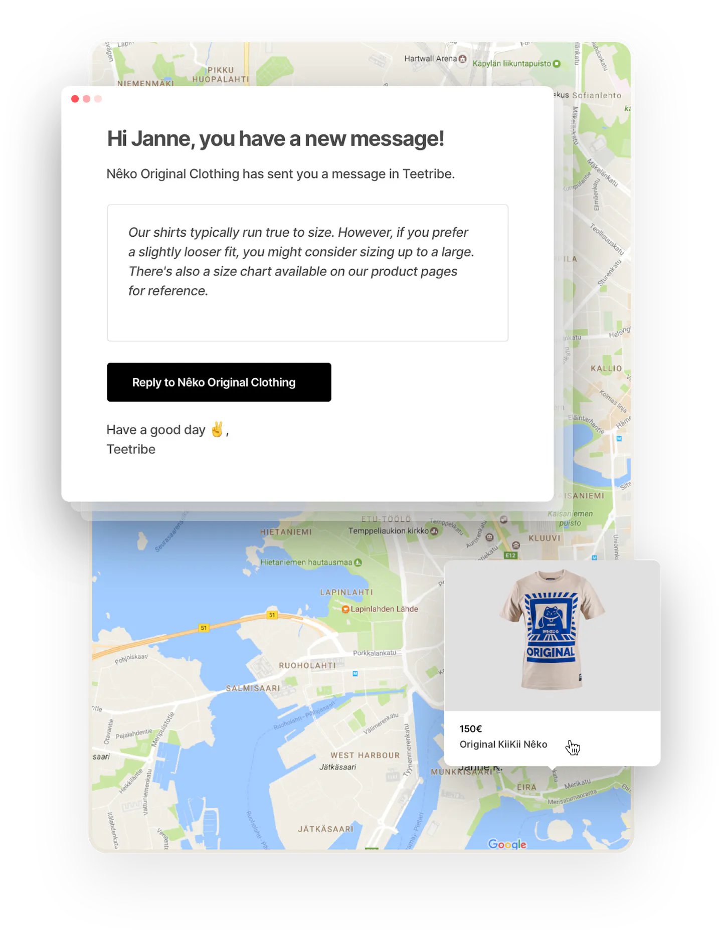 A box with an email notification to Janne, a t-shirt buyer, overlaid on top of a map and a listing bubble. The email shows the message from the seller and has a call-to-action button to answer the message.