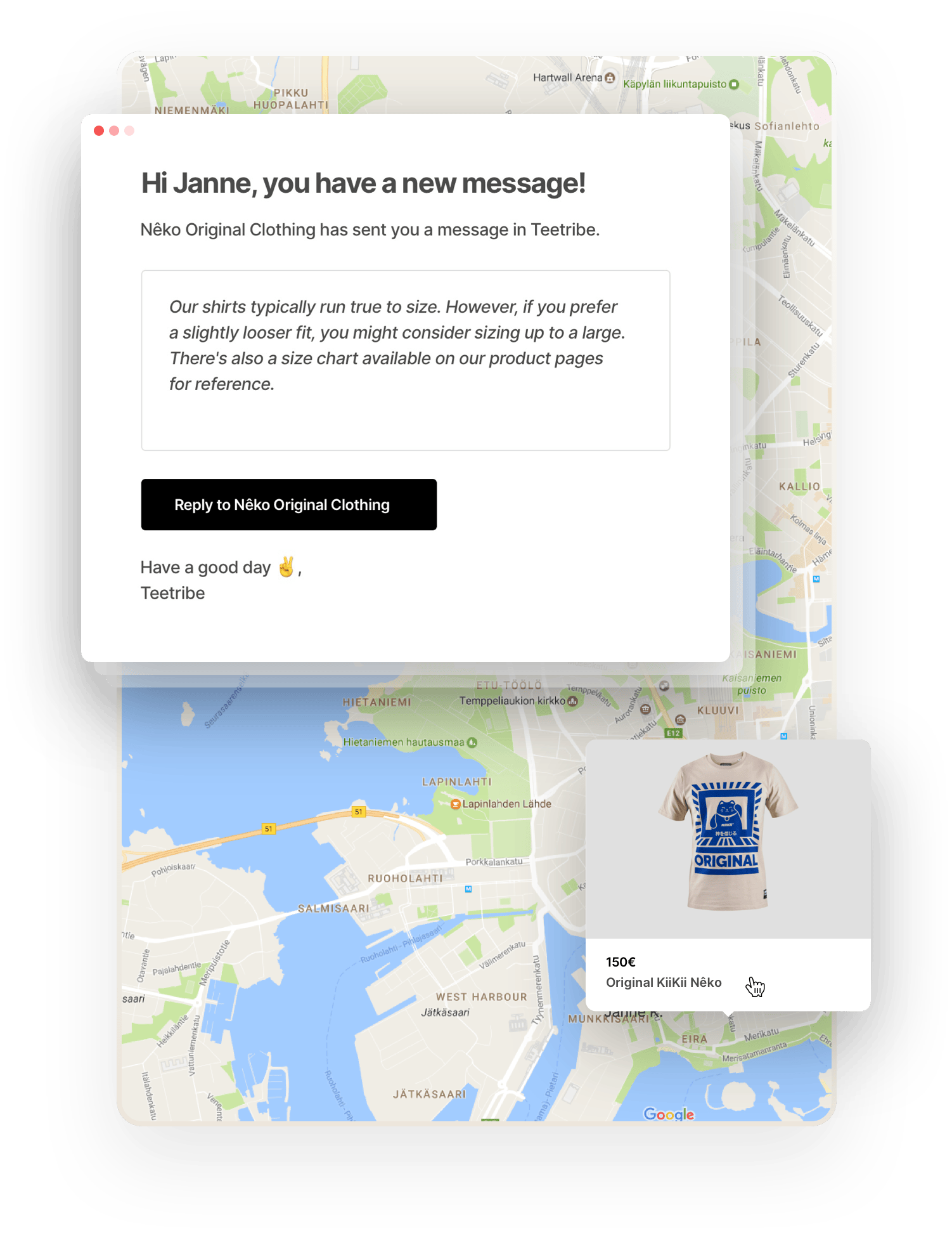 A box with an email notification to Janne, a t-shirt buyer, overlaid on top of a map and a listing bubble. The email shows the message from the seller and has a call-to-action button to answer the message.