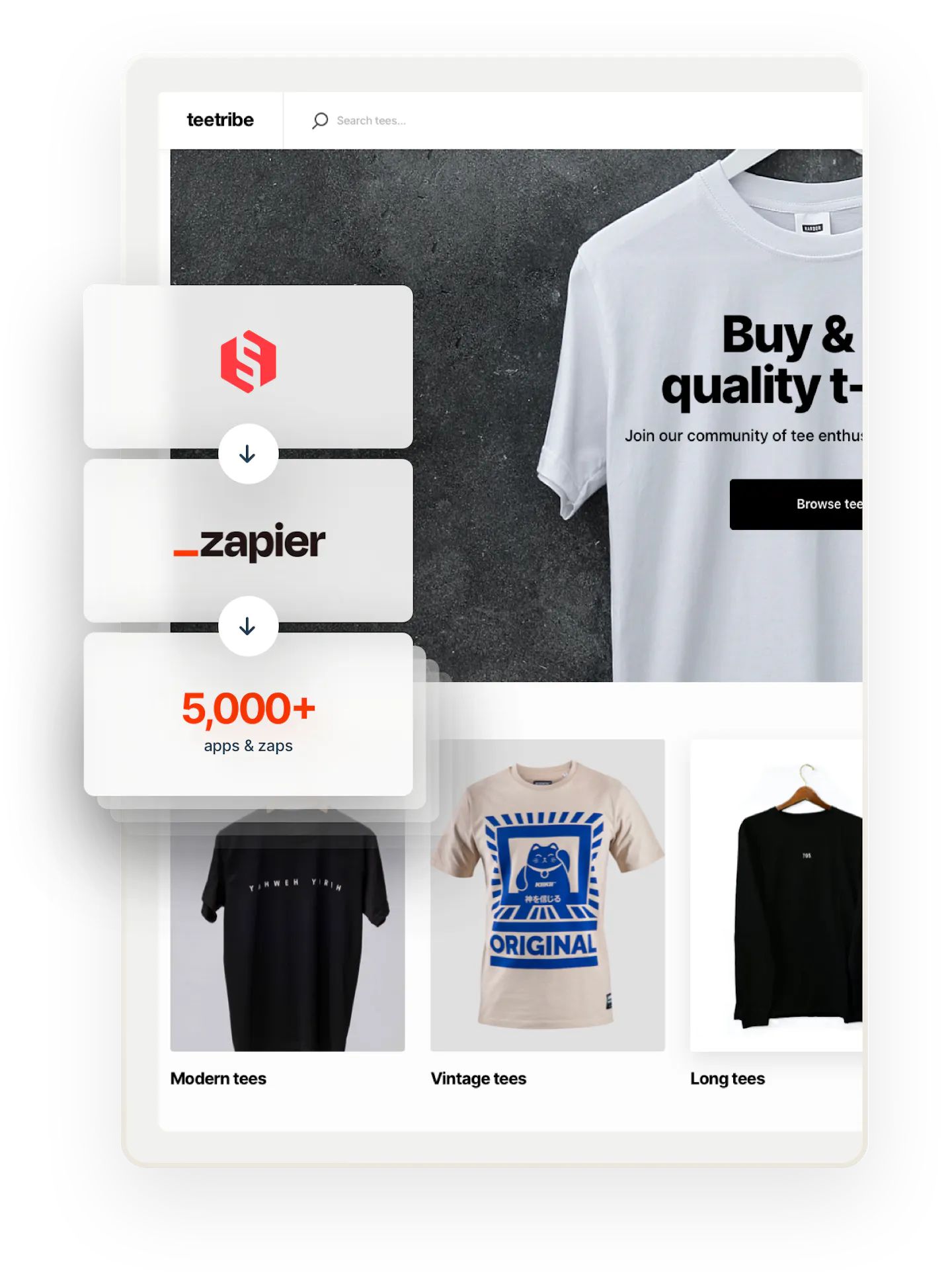 A snapshot of a landing page of Teetribe, a sample Sharetribe-powered marketplace for selling t-shirts. Overlaid on top are three boxes connected by arrows. The first box has the Sharetribe logo. The second box has the Zapier logo. The third box says 5000+ apps and zaps.
