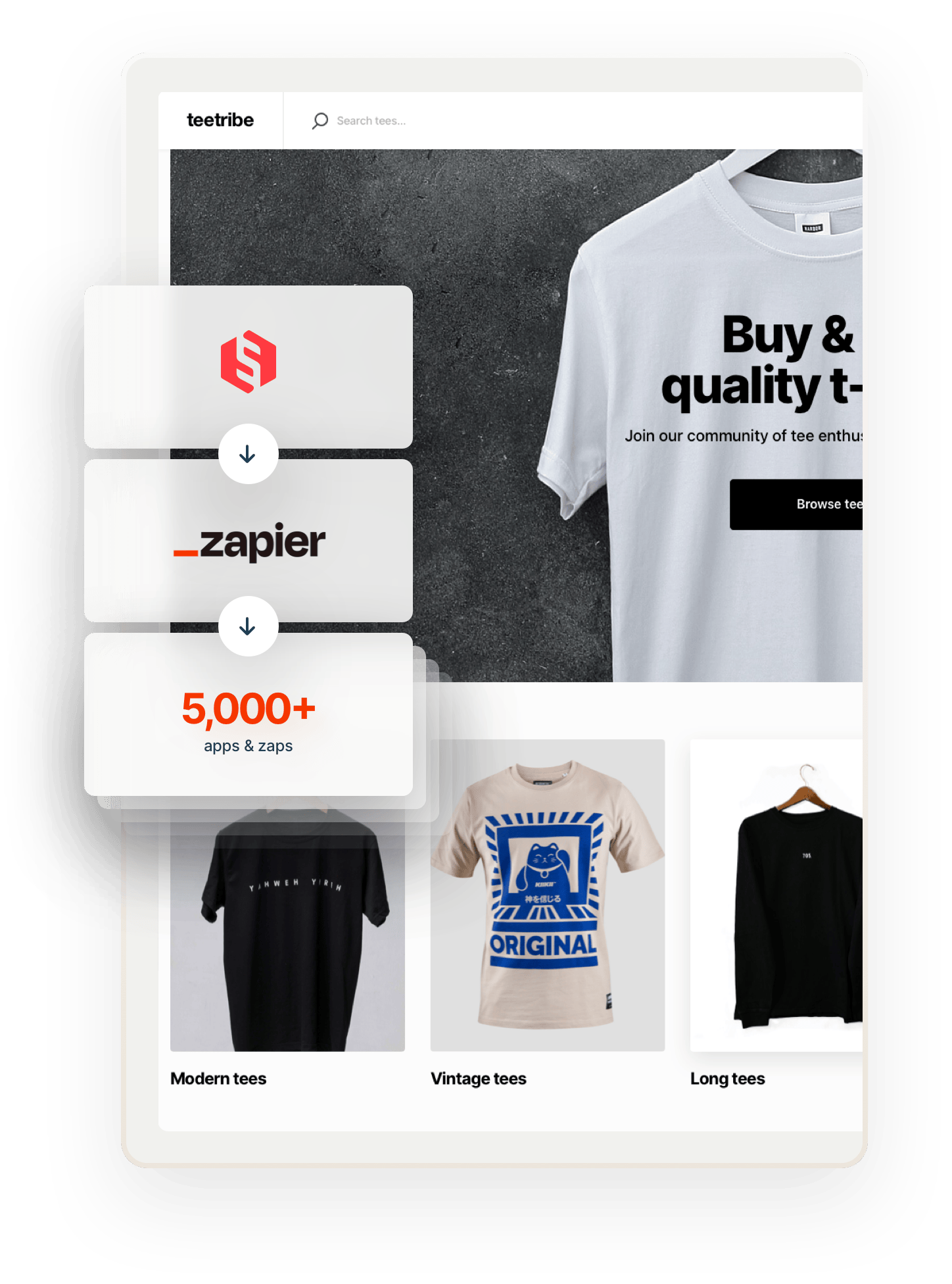 A snapshot of a landing page of Teetribe, a sample Sharetribe-powered marketplace for selling t-shirts. Overlaid on top are three boxes connected by arrows. The first box has the Sharetribe logo. The second box has the Zapier logo. The third box says 5000+ apps and zaps.