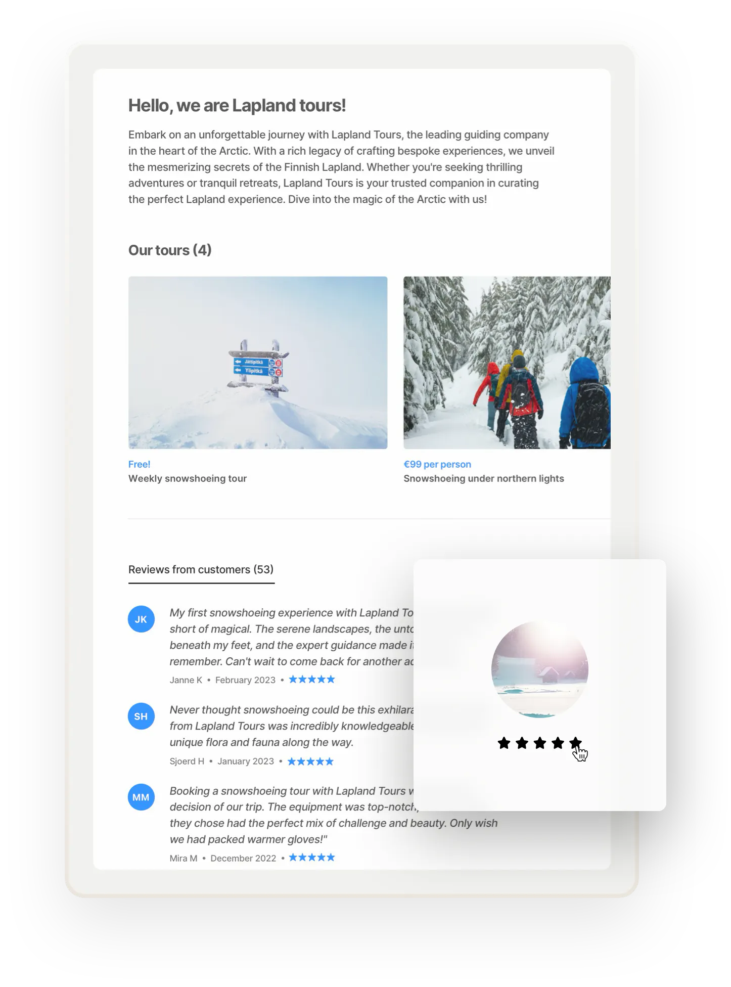 A sample profile page for an experience provider called Lapland tours. The page includes tour listings as well as glowing reviews from customers.