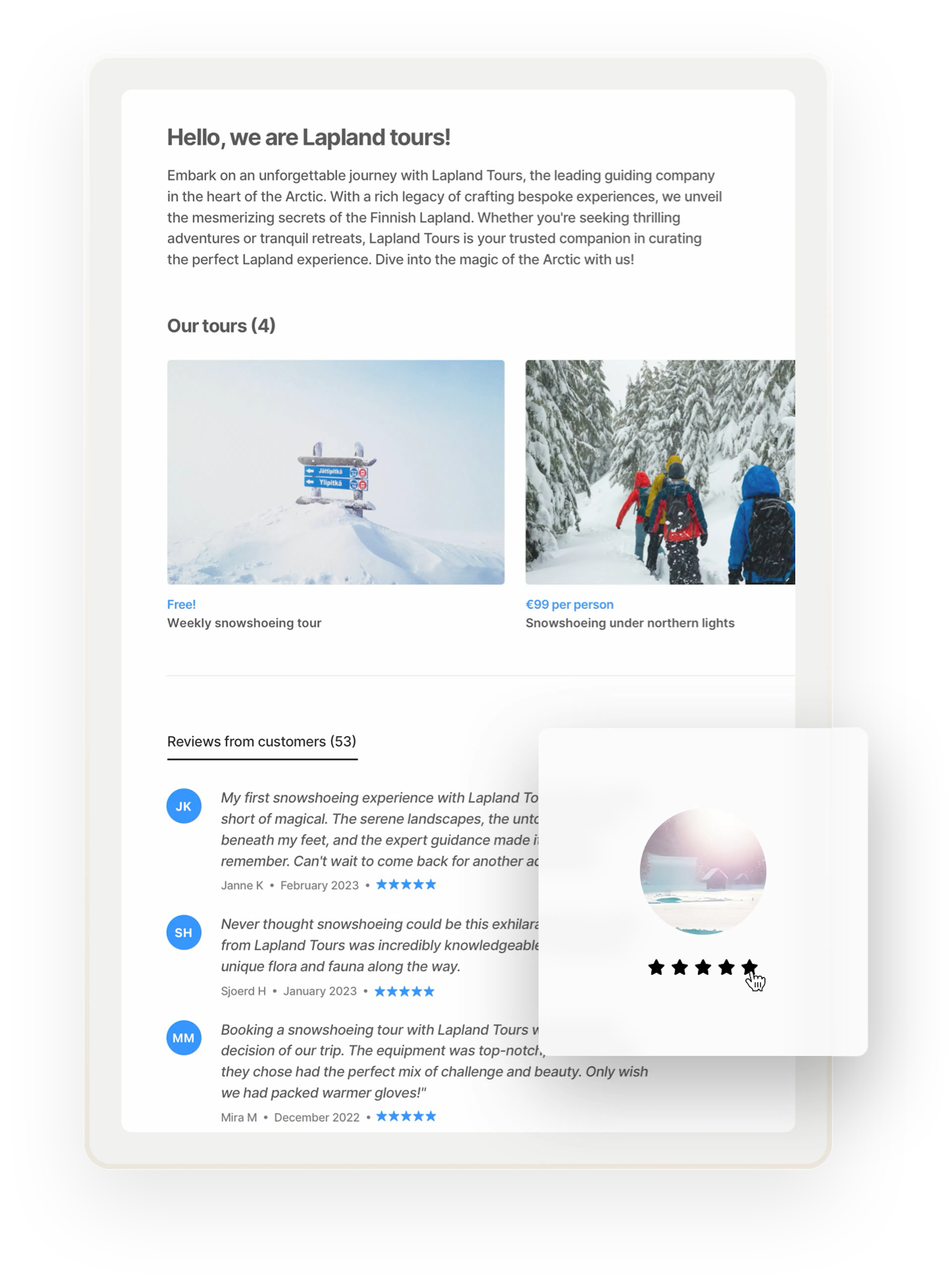 A sample profile page for an experience provider called Lapland tours. The page includes tour listings as well as glowing reviews from customers.