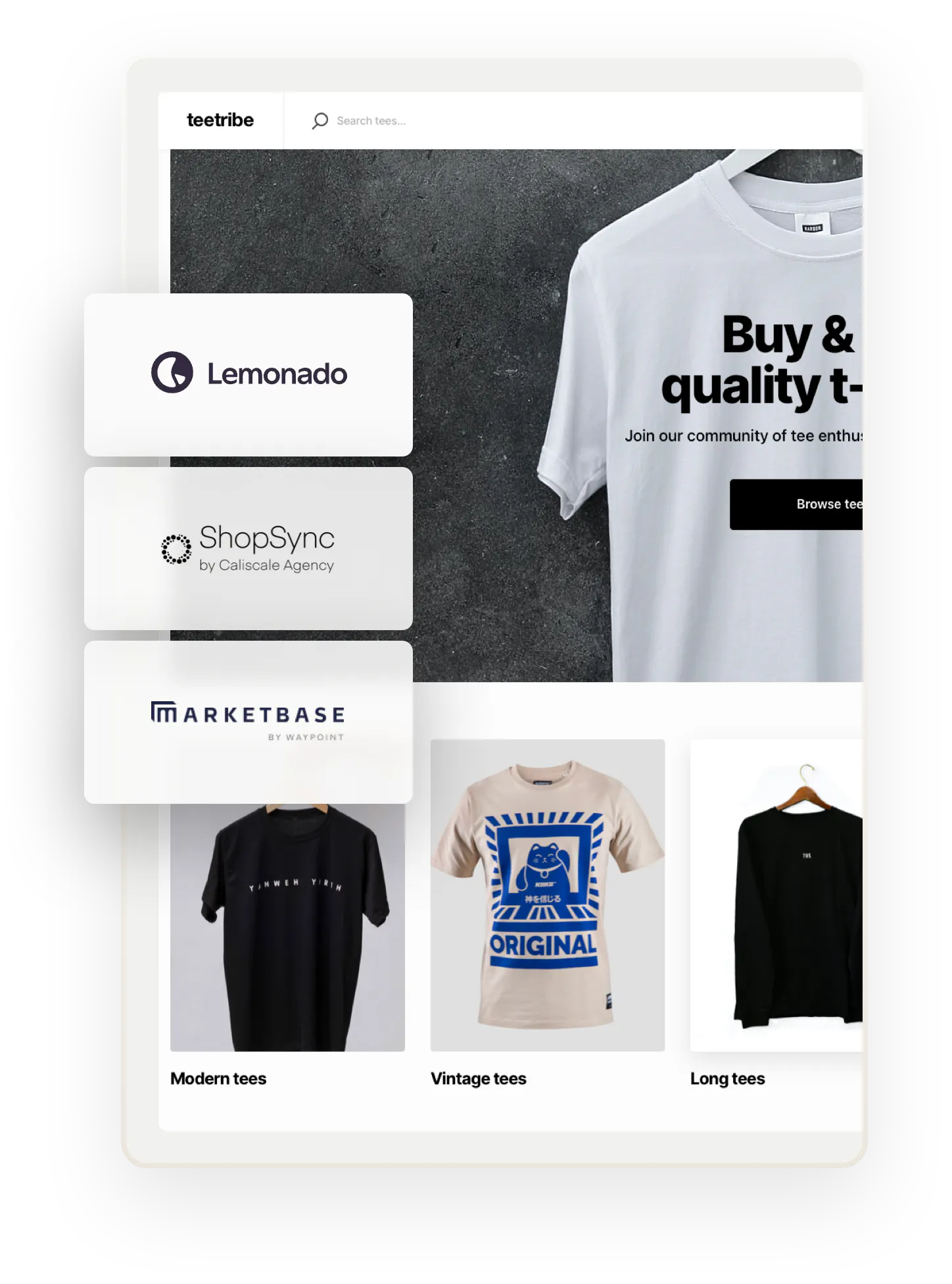A snapshot of a landing page for Teetribe, a sample marketplace for selling t-shirts. Overlaid on top are boxes that have logos for companies who have built Sharetribe extensions.