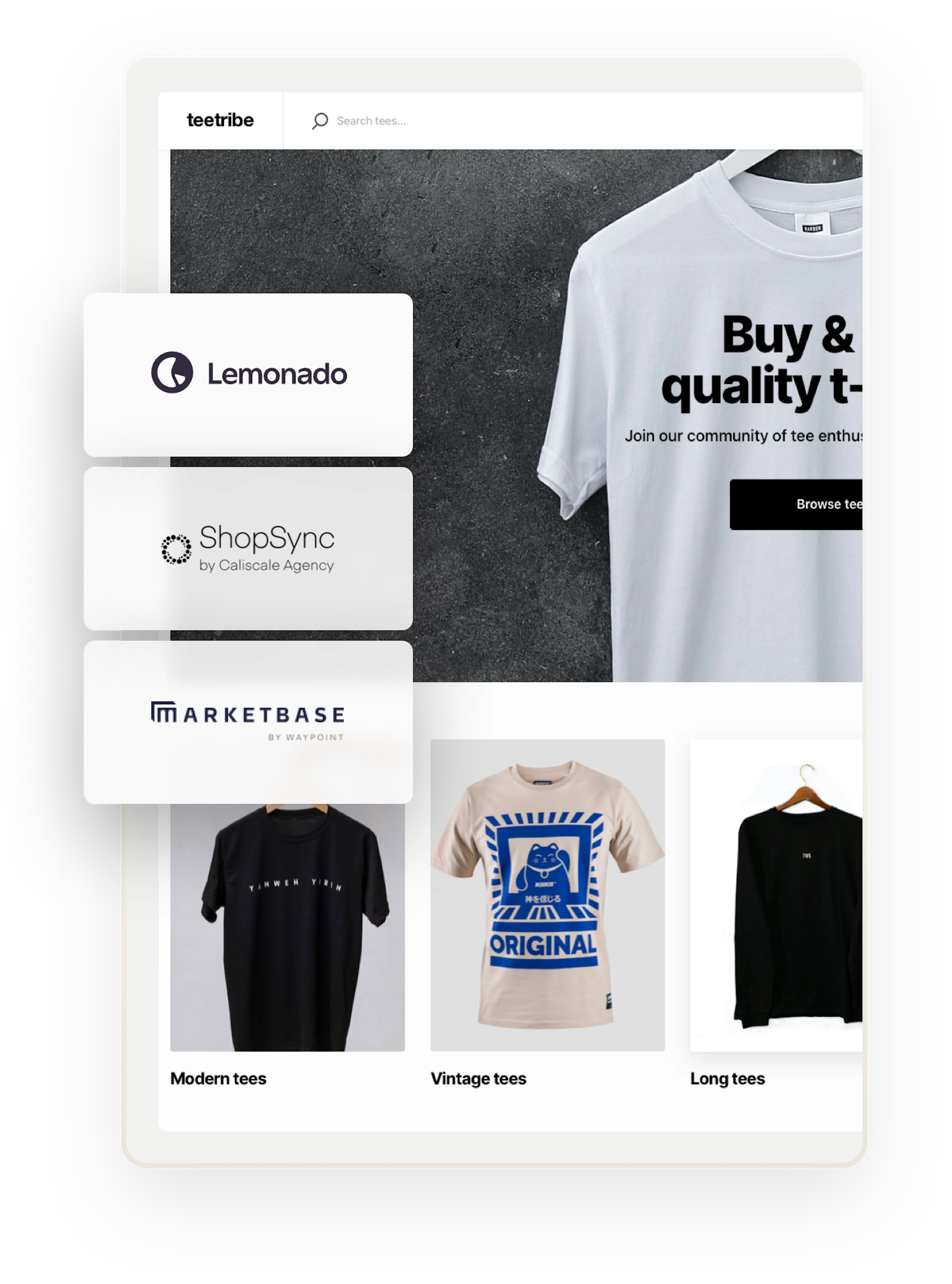 A snapshot of a landing page for Teetribe, a sample marketplace for selling t-shirts. Overlaid on top are boxes that have logos for companies who have built Sharetribe extensions.