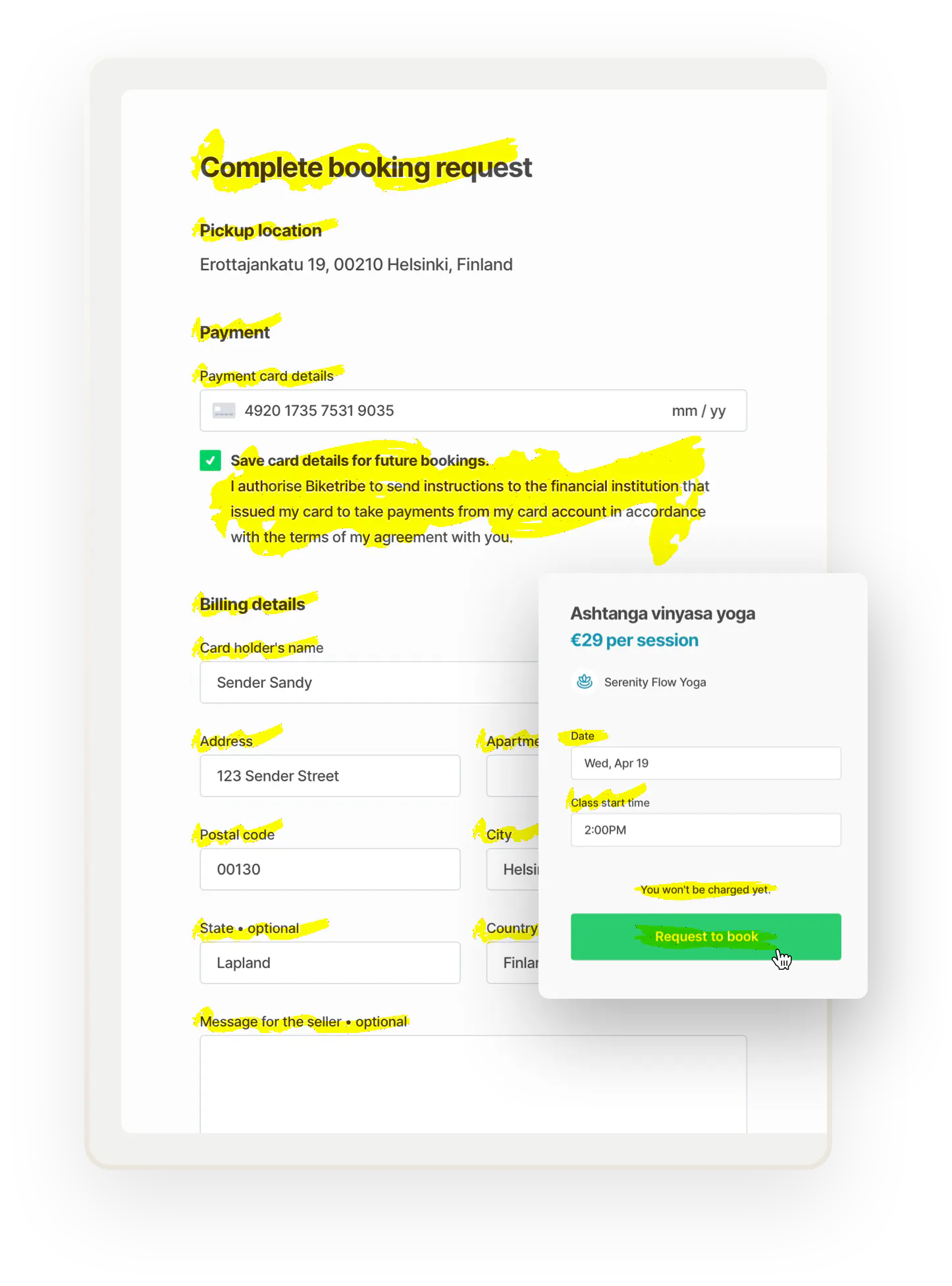 An image of a checkout page for a booking request t. All small texts like billing details and address are highlighted in yellow, showcasing that you can modify all of these texts.