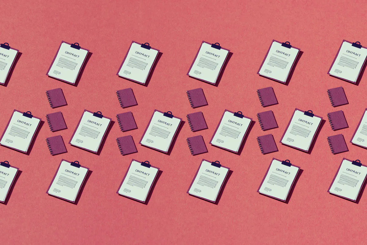 Symmetrical rows of contracts on clipboards and notebooks on pink background.