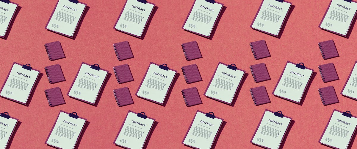 Symmetrical rows of contracts on clipboards and notebooks on pink background.