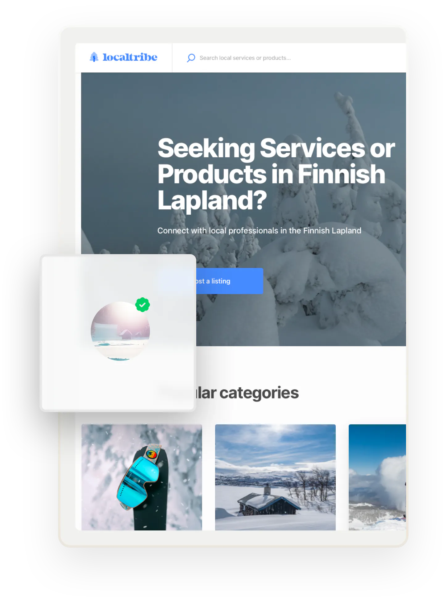 The home page of a marketplace based in Finnish Lapland. Overlaid is a user's icon with a verified badge.