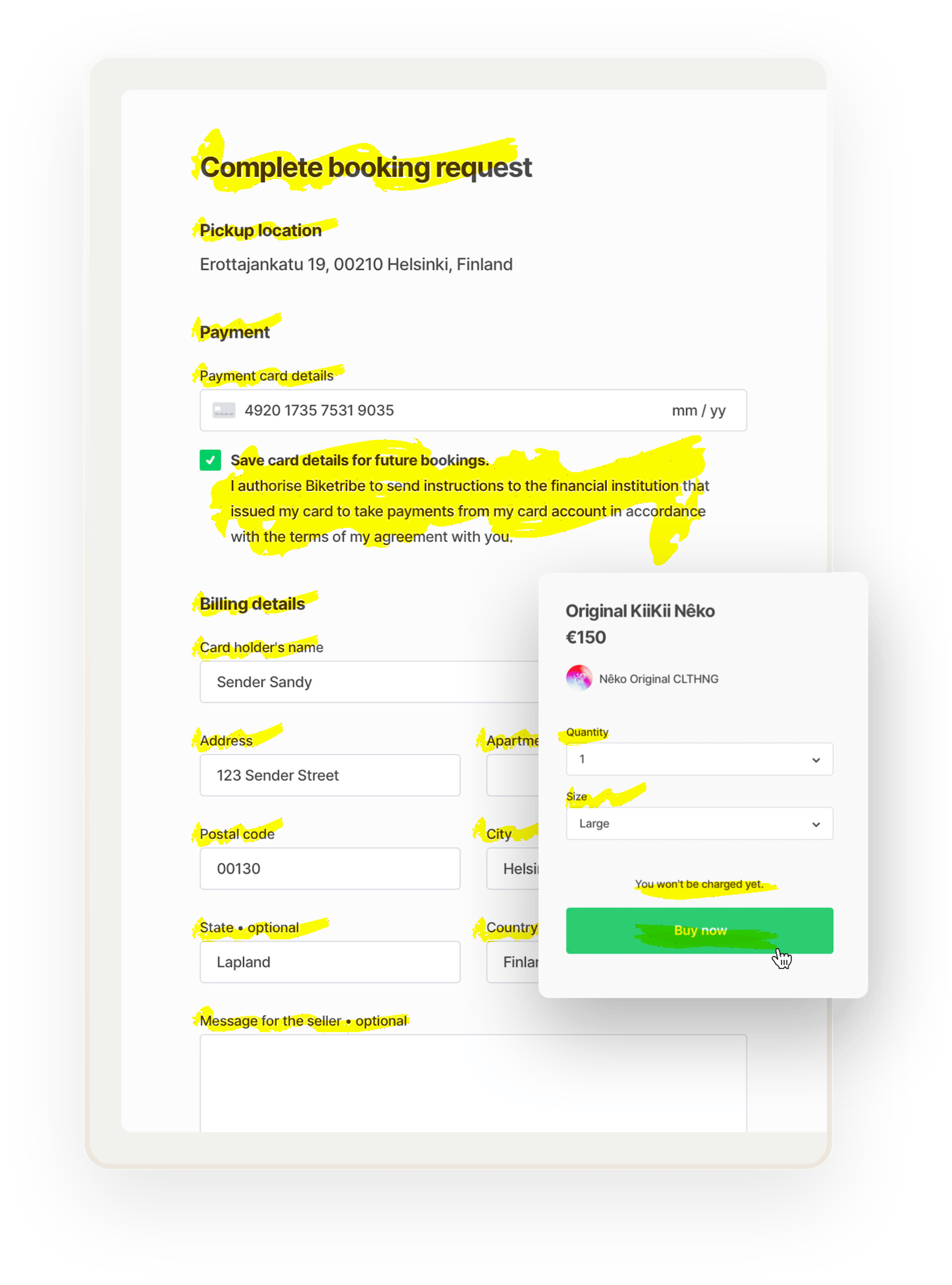 An image of a checkout page for a t-shirt purchase. All small texts like billing details and address are highlighted in yellow, showcasing that you can modify all of these texts.
