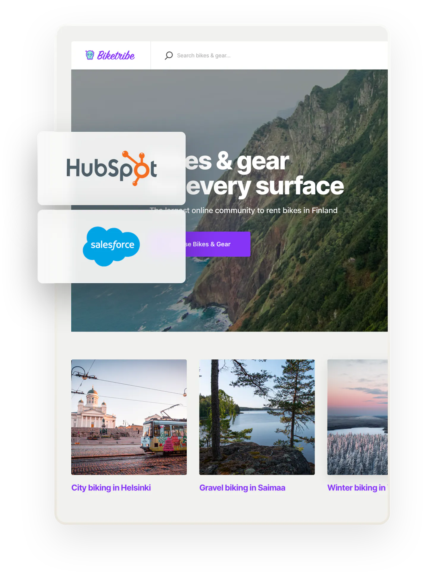 Biketribe marketplace home page. Overlaid on top are two boxes showing Hubspot and Salesforce logos.