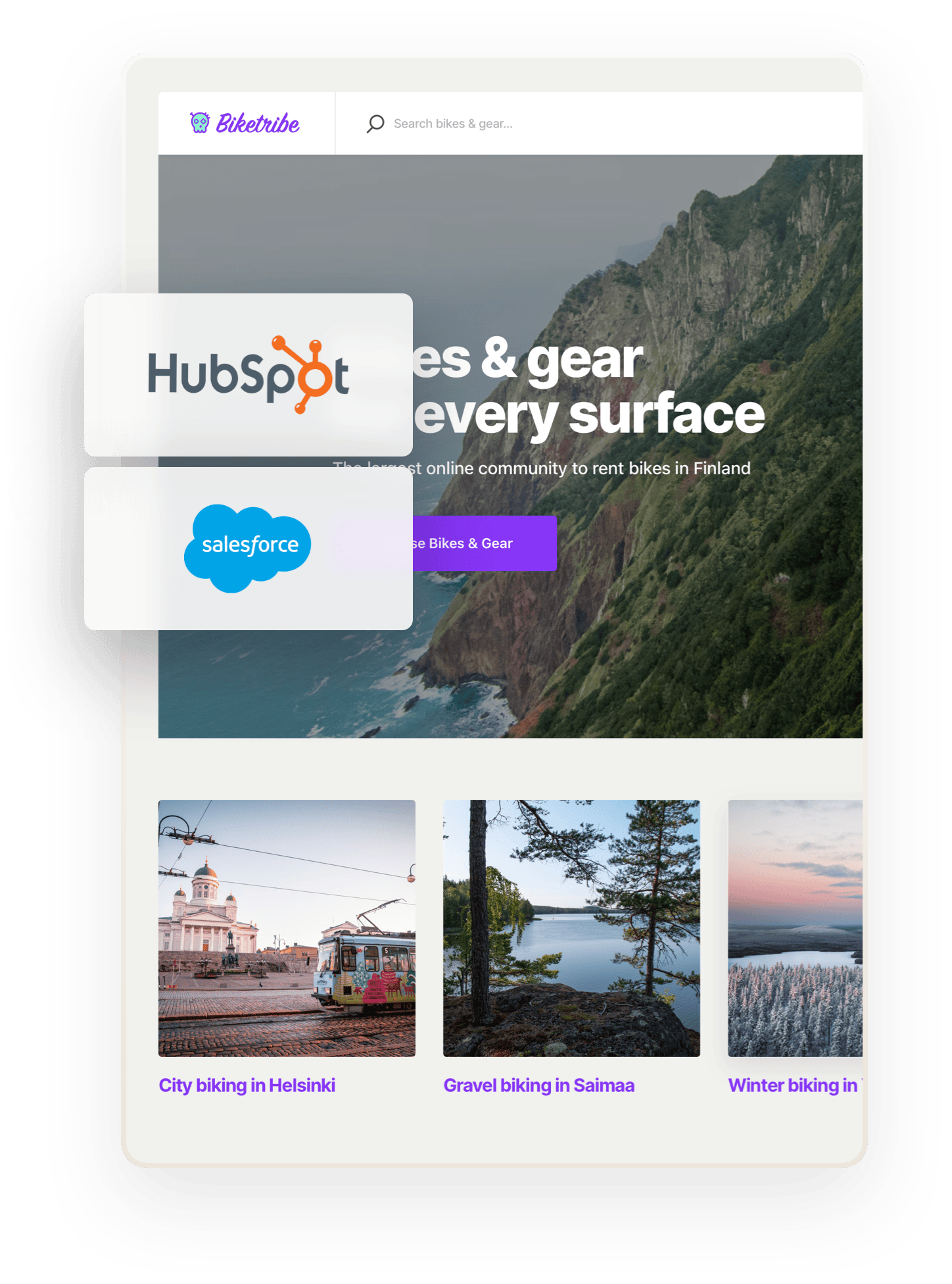 Biketribe marketplace home page. Overlaid on top are two boxes showing Hubspot and Salesforce logos.