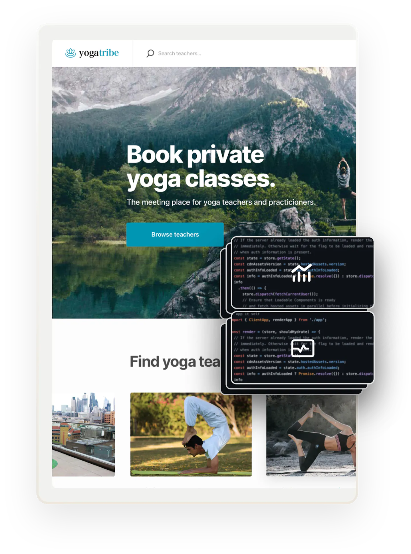 A snapshot of the Yogatribe service marketplace home page. Overlaid on top are several boxes showing code. The two boxes on top show an analytics symbol and a status symbol, showing that these features can be added with coding.
