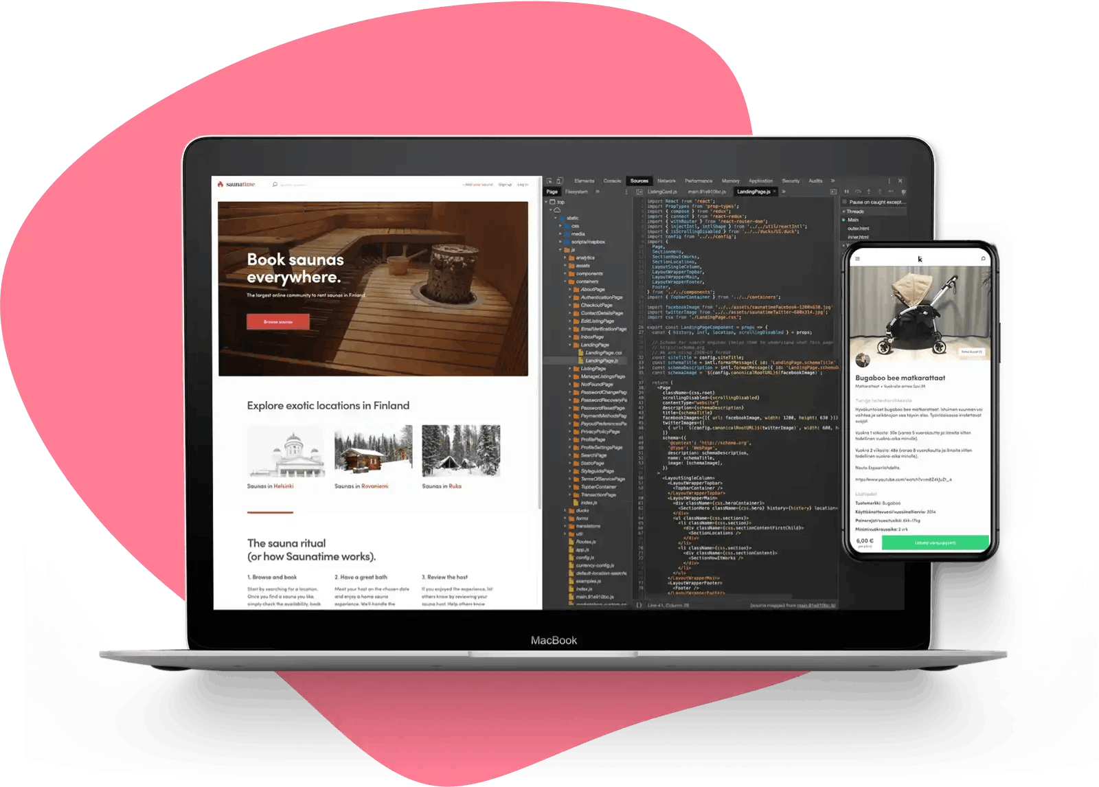 Laptop and smartphone screens showing Sharetribe Flex web template and code and a marketplace listing page mobile UI.