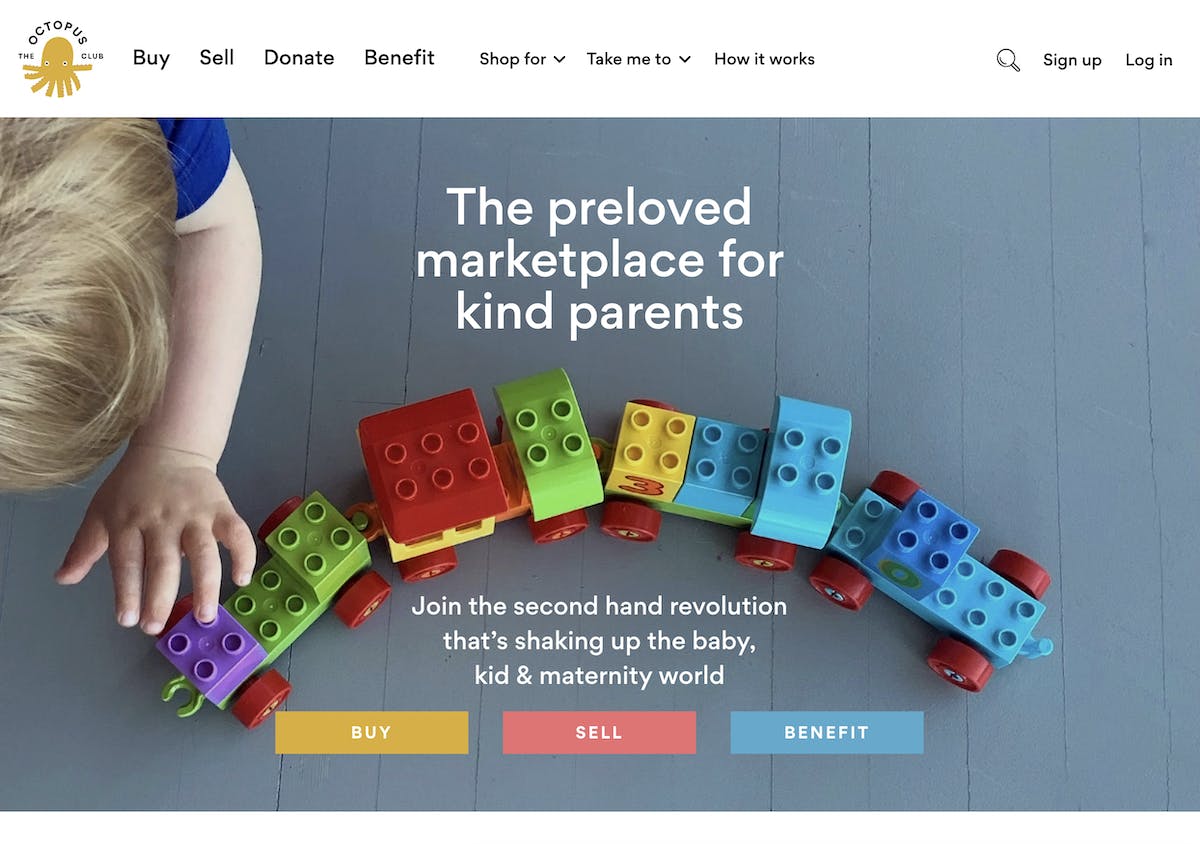 Landing page screenshot of the peer-to-peer product marketplace The Octopus Club.