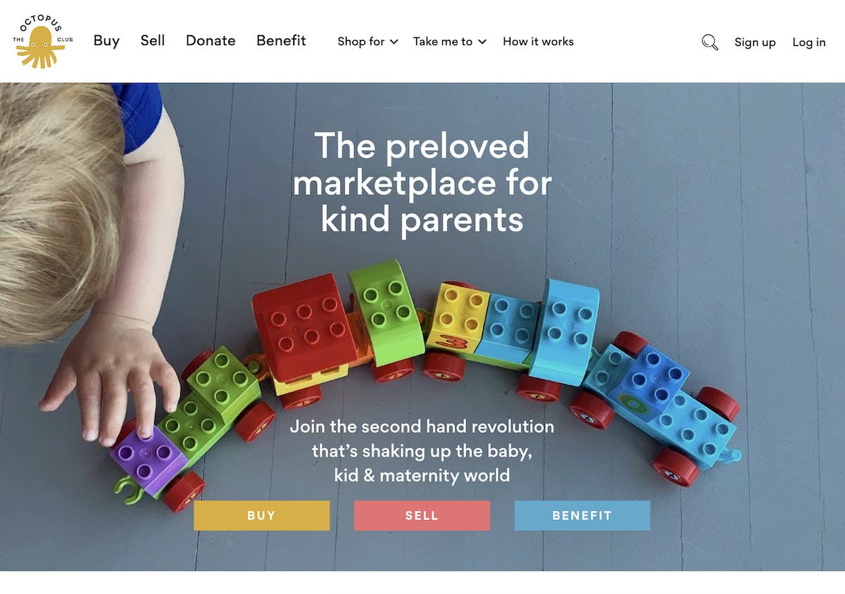 Sharetribe customer The Octopus Club's landing page. It's an Amazon-style marketplace for preloved kids' stuff.
