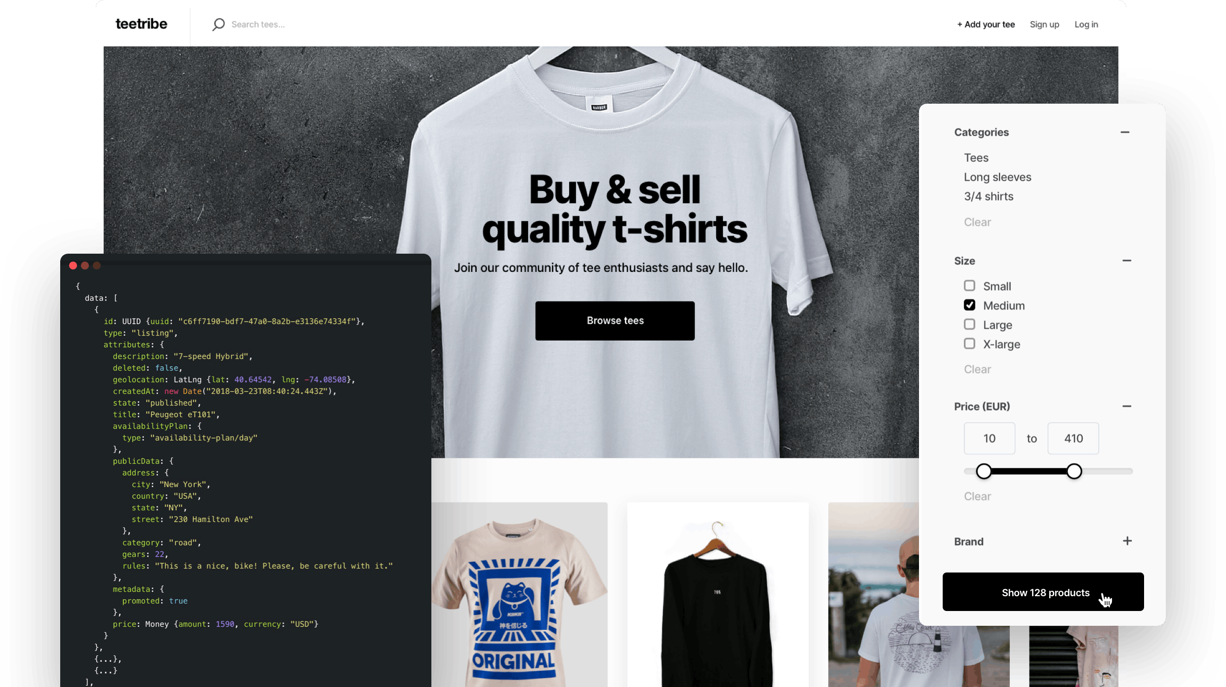 A landing page of a sample t-shirt marketplace. Overlaid is a box with React code and the filter sidebar from the marketplace. It has a filter for category, size, price, and brand.