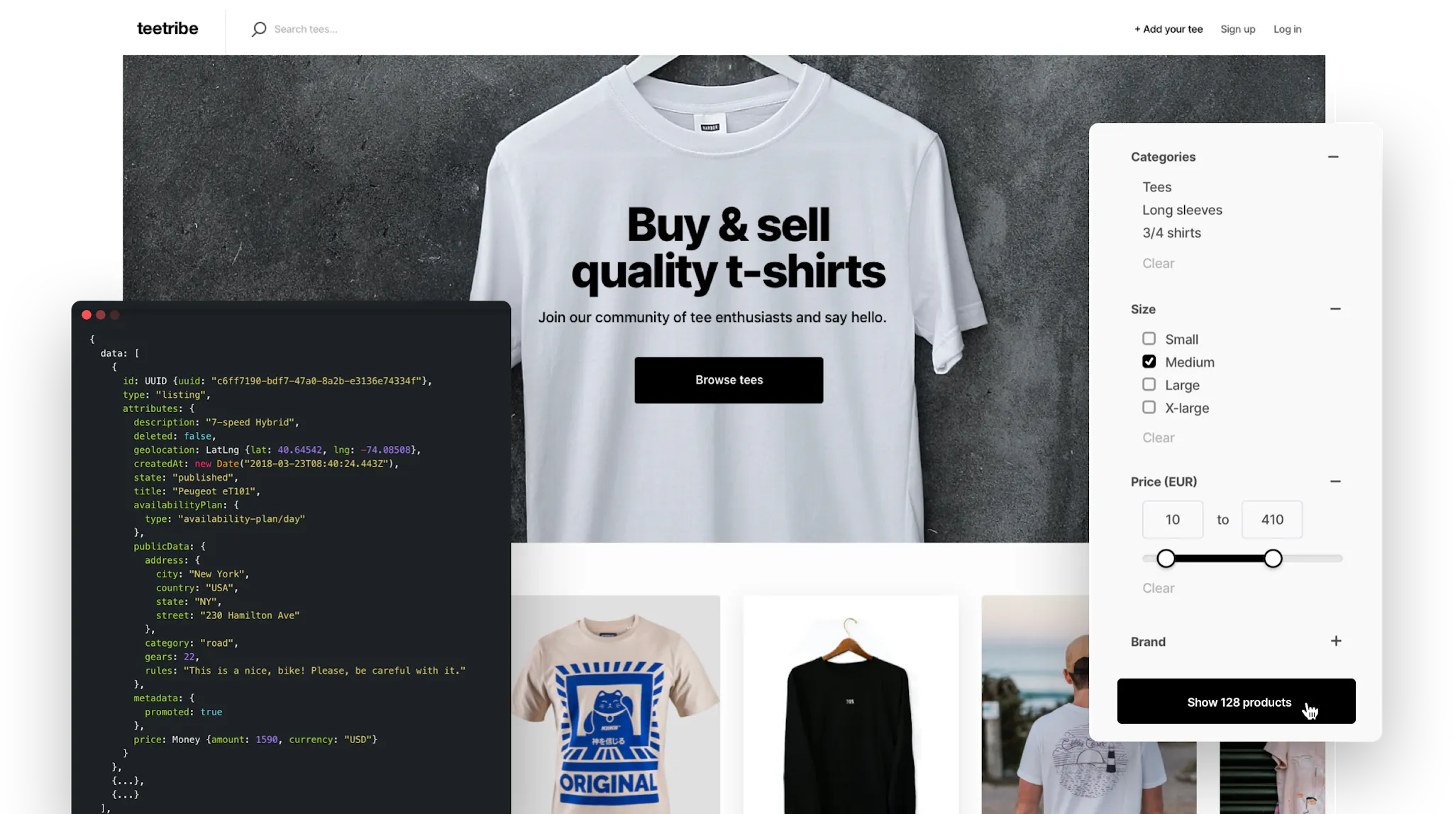 A landing page of a sample t-shirt marketplace. Overlaid is a box with React code and the filter sidebar from the marketplace. It has a filter for category, size, price, and brand.