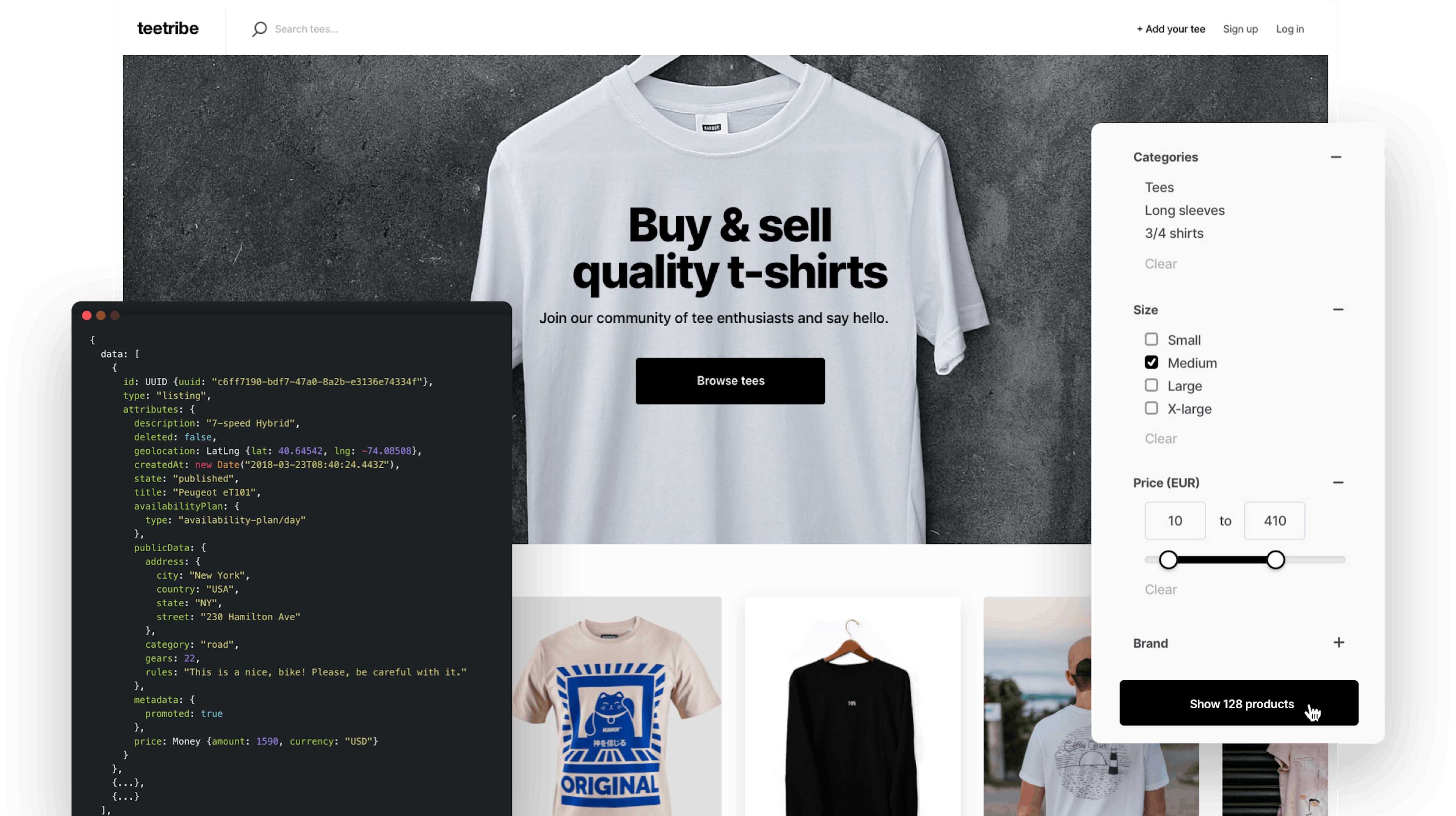 A landing page of a sample t-shirt marketplace. Overlaid is a box with React code and the filter sidebar from the marketplace. It has a filter for category, size, price, and brand.