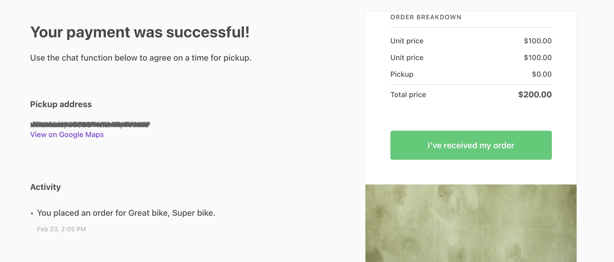 Screenshot of a marketplace shopping cart page showing an activity feed, an order breakdown, and a button "I've received my order"