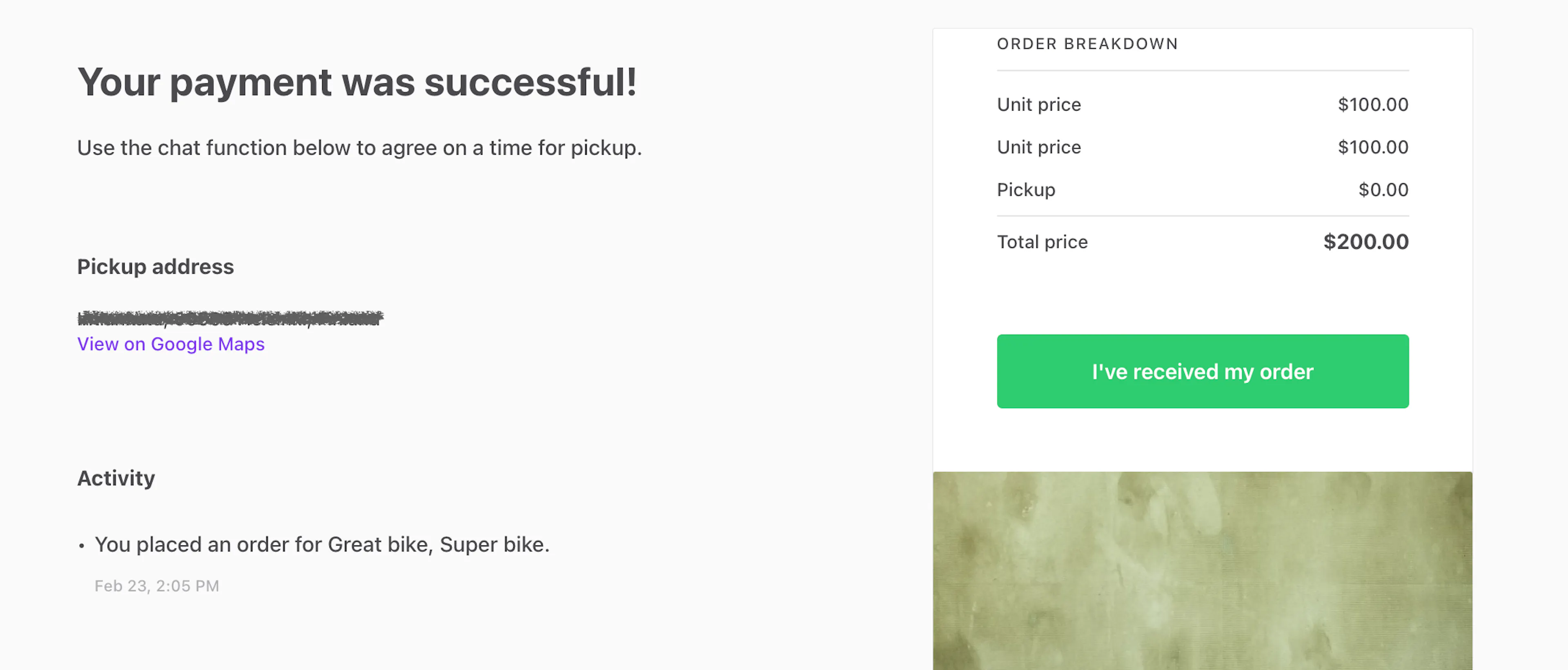 Screenshot of a marketplace shopping cart page showing an activity feed, an order breakdown, and a button "I've received my order"