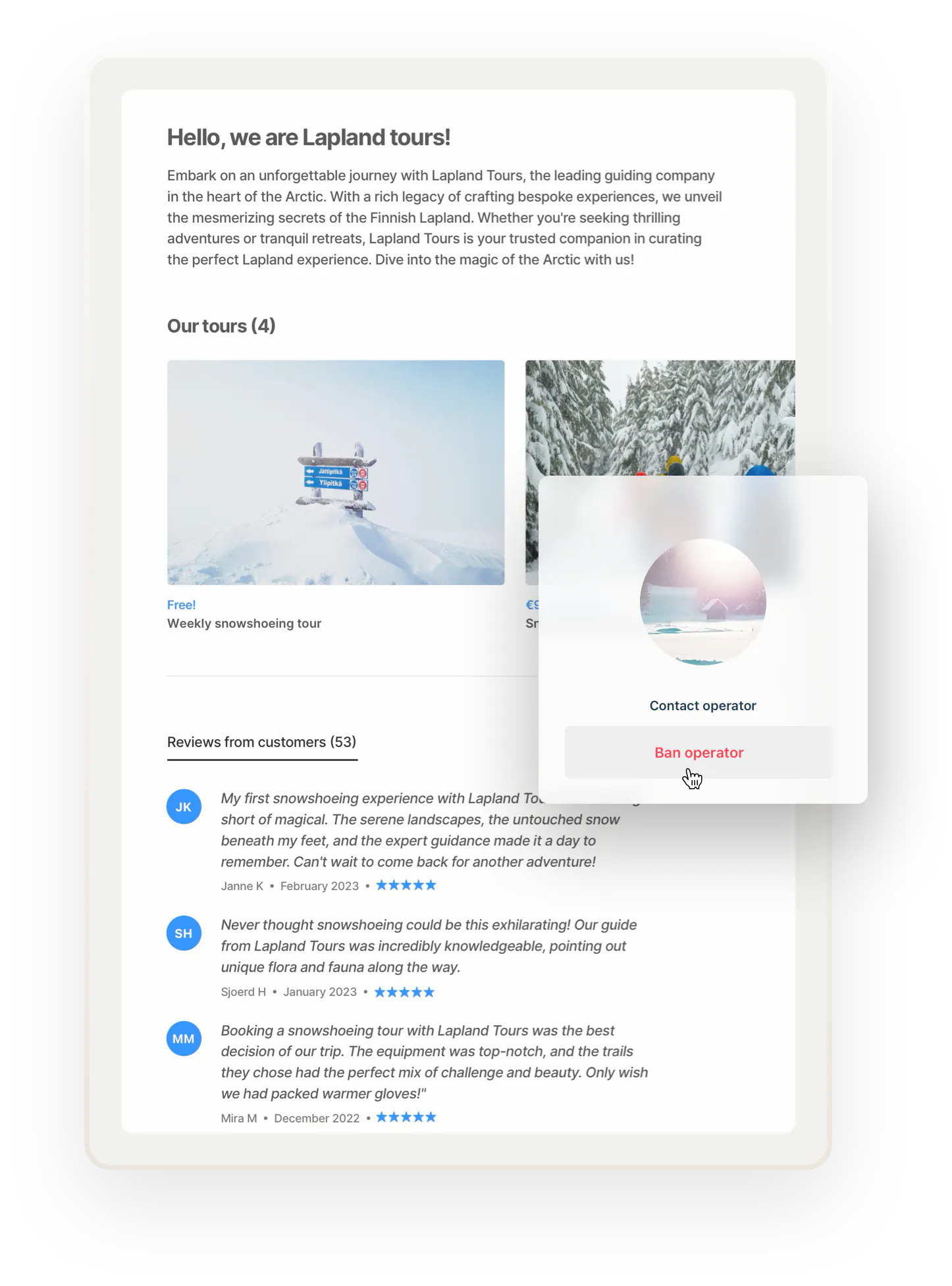The user page for an experience and rental provider in Lapland. The page has glowing reviews from customers. The operator is considering banning the seller from the marketplace. They must know something we don't.