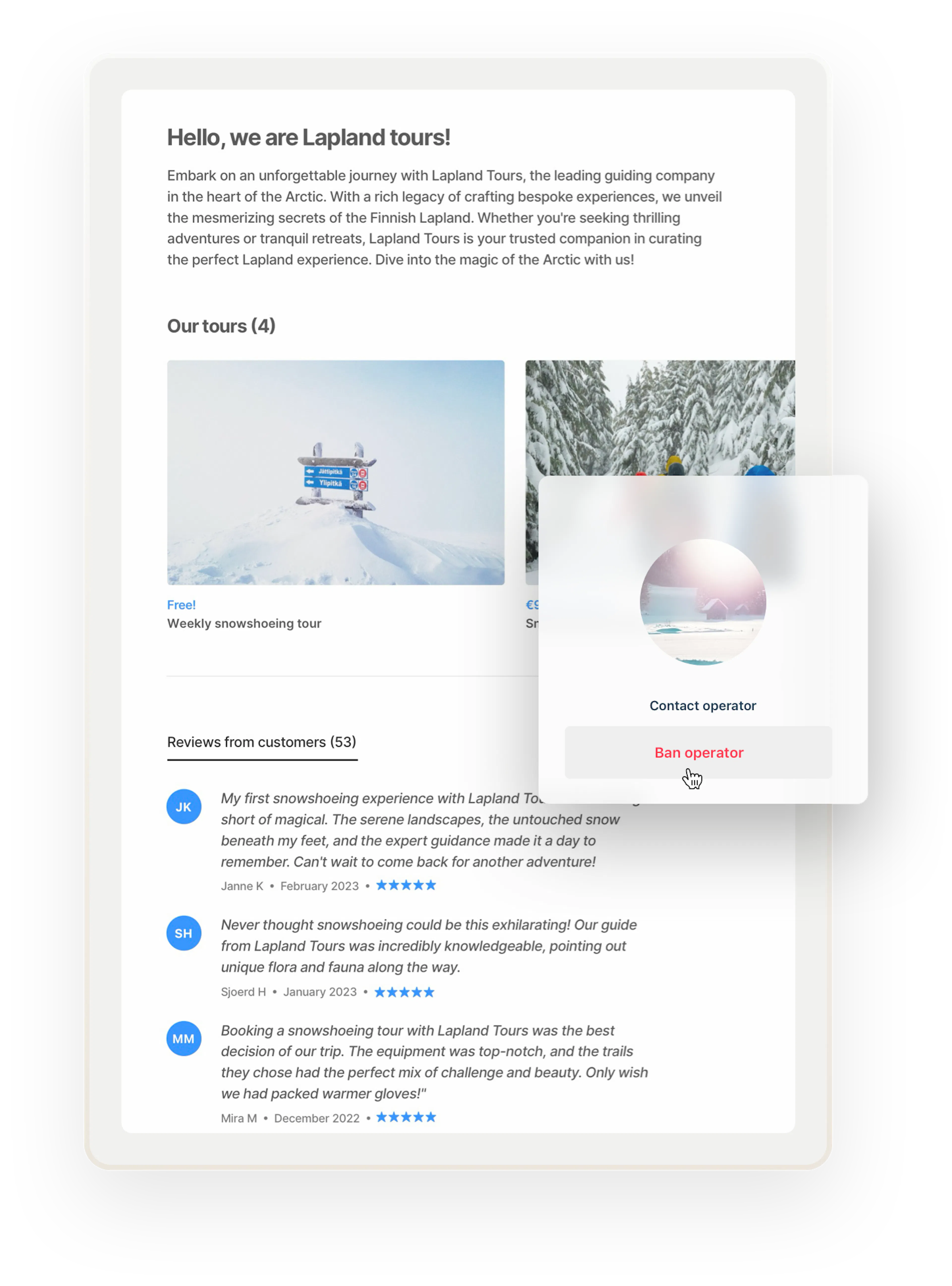The user page for an experience and rental provider in Lapland. The page has glowing reviews from customers. The operator is considering banning the seller from the marketplace. They must know something we don't.