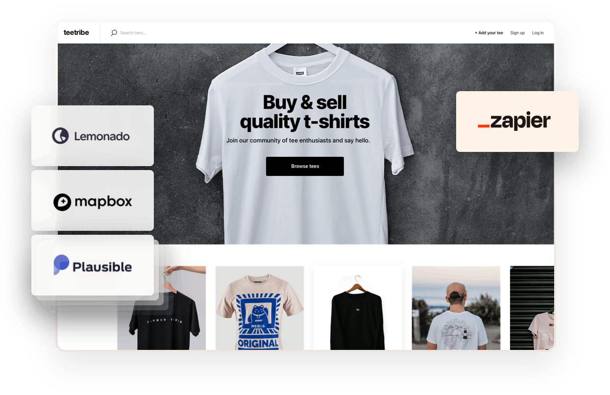 The landing page for a sample t-shirt marketplace. Overlaid on top are logos for some companies with pre-built Sharetribe integrations: Lemonado, Mapbox, Plausible, and Zapier.