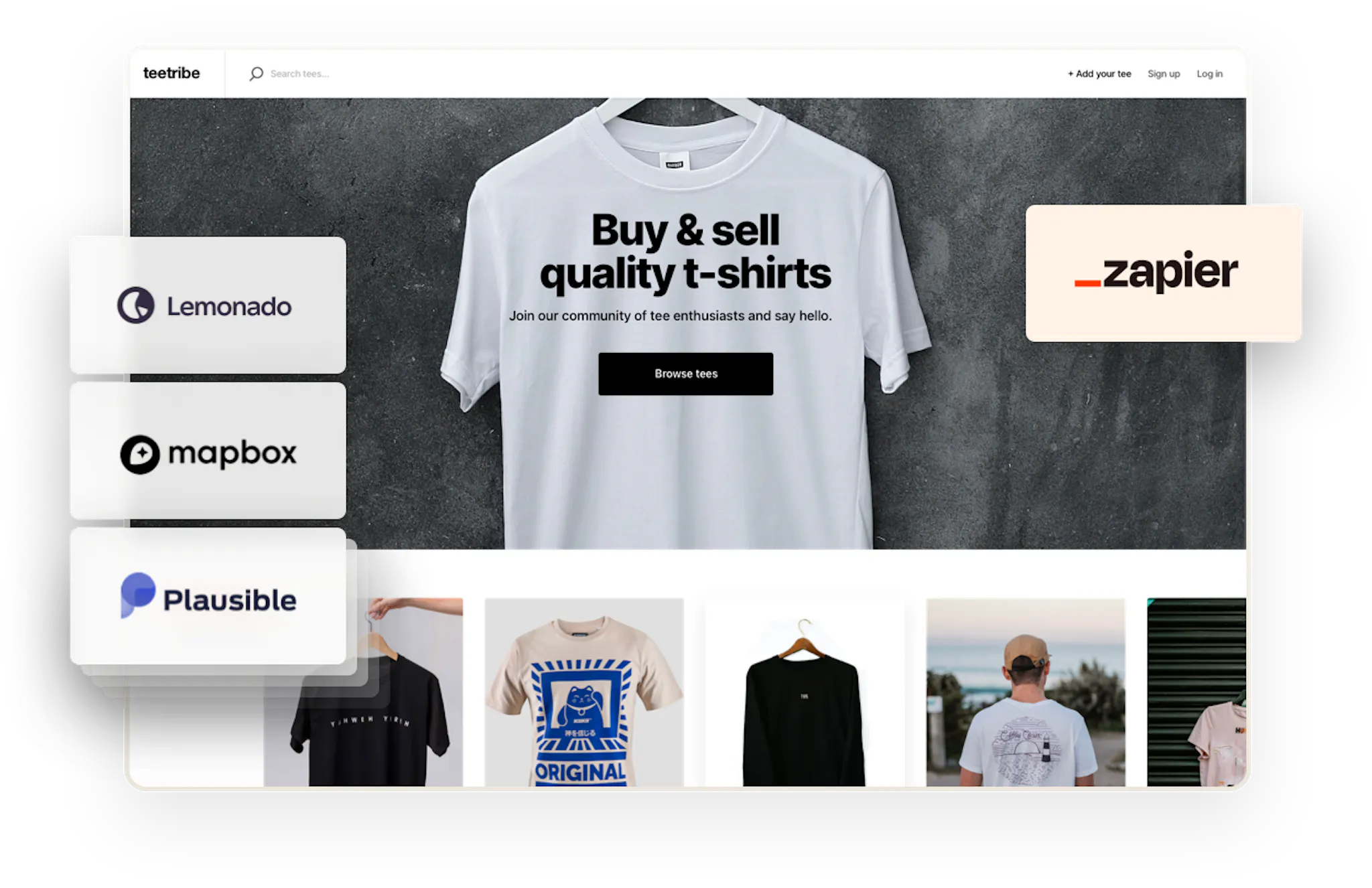 The landing page for a sample t-shirt marketplace. Overlaid on top are logos for some companies with pre-built Sharetribe integrations: Lemonado, Mapbox, Plausible, and Zapier.