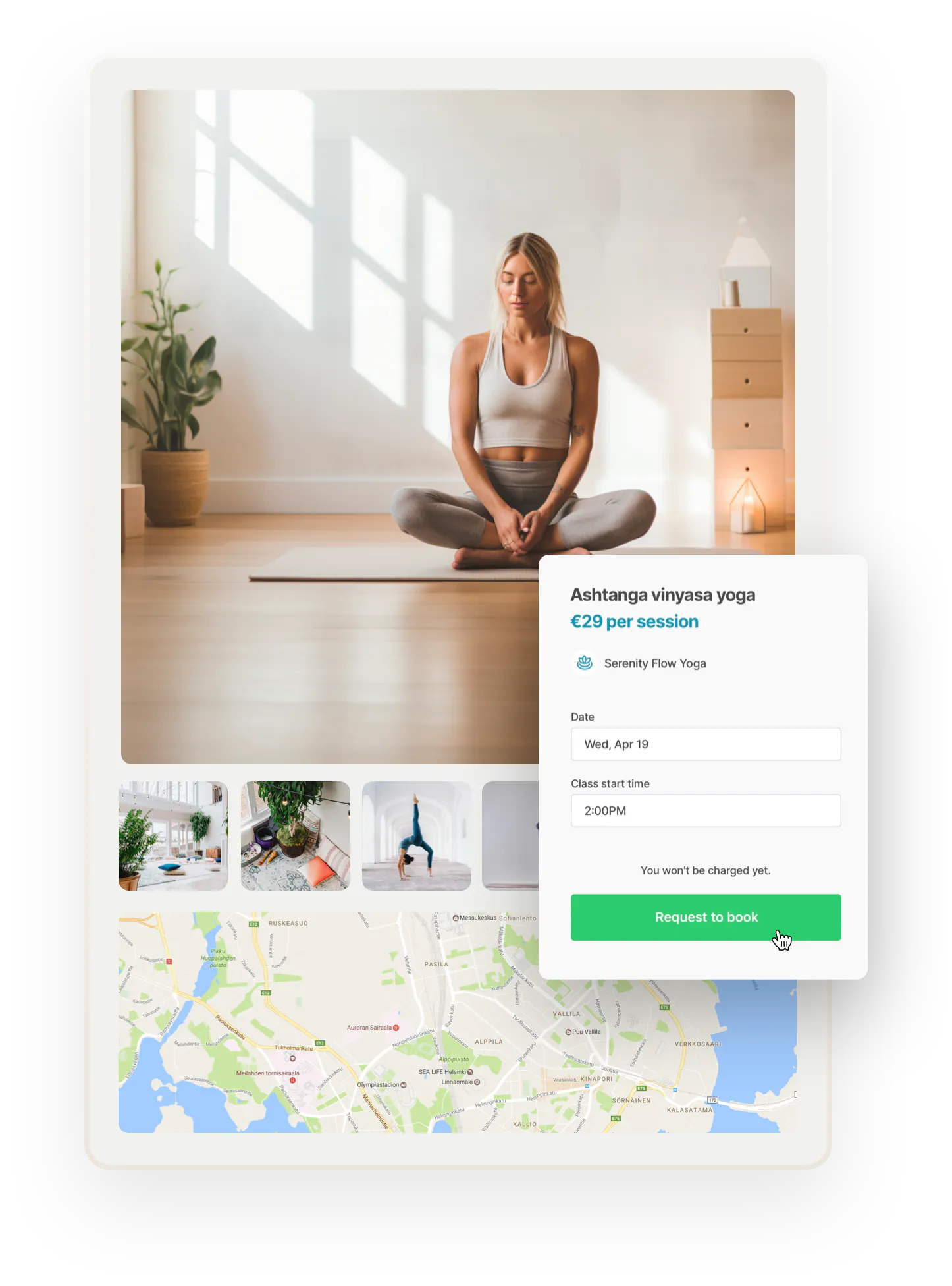 An image displaying the different elements of a provider page: images, a map, and a booking form.