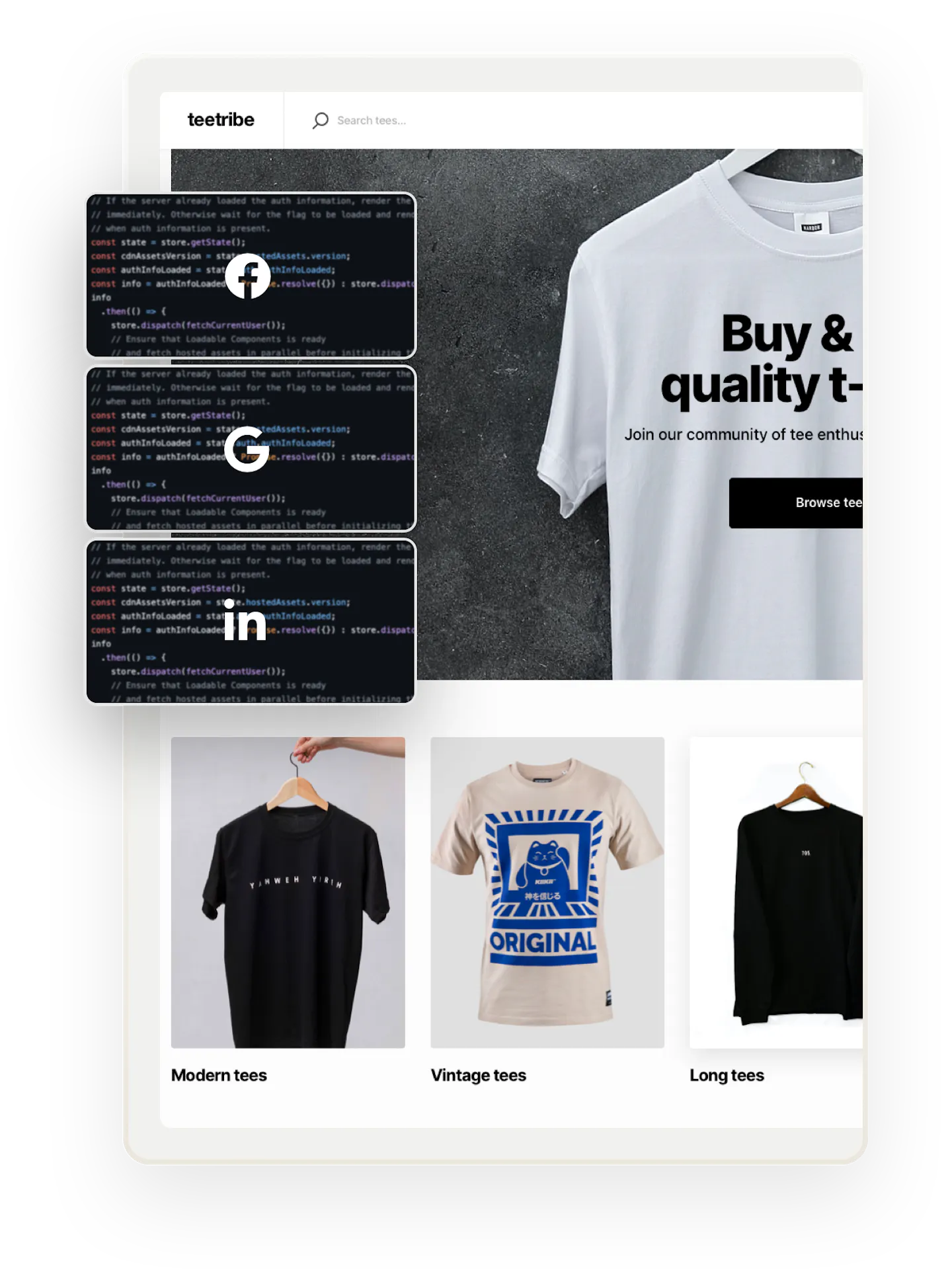 A snapshot of a landing page for Teetribe, a sample marketplace for selling t-shirts. Overlaid on top are three boxes showing code and a logos for Facebook, Google, and LinkedIn.