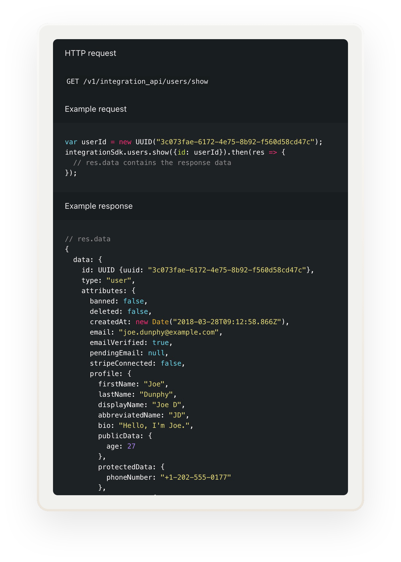 A snippet of code shows an Integration API request for user data and the response.