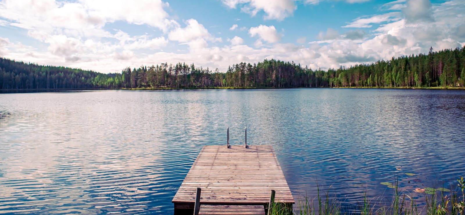 A brown wooden dock on a lake surrounded by trees, mostly pines, but also some birches. The sun is shining outside of the frame, the sky is blue with white fluffy clouds and the water is rippling lazily in a soft wind.