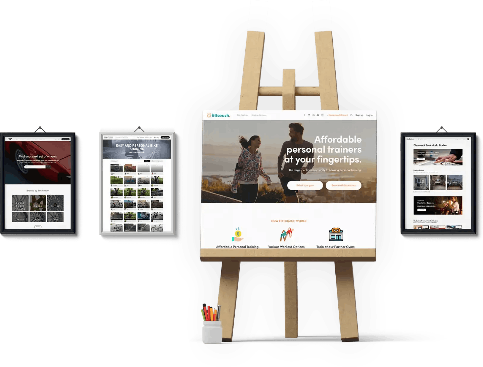 Examples of four Sharetribe-powered marketplaces. On the left, there are two Sharetribe Go marketplaces framed like photos, and on the right, one Sharetribe Flex marketplace framed the same way. In the middle of these, there's a Sharetribe Flex landing page in an easel. 