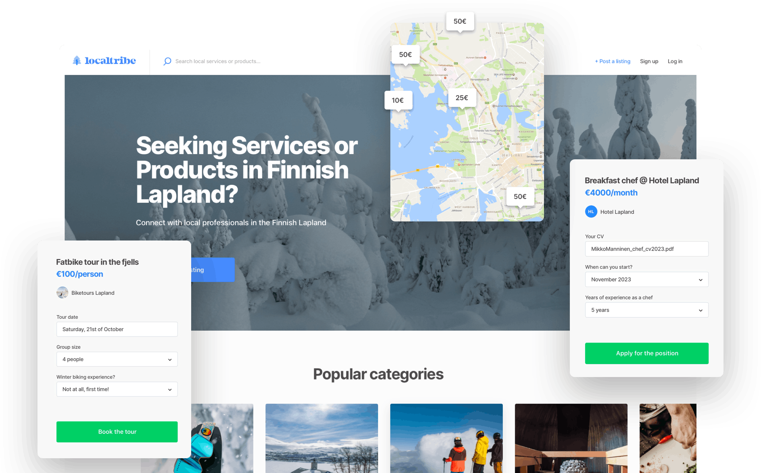 A sample landing page for a local marketplace in Lapland. Overlaid on top is a map with price bubbles and two booking forms: one for fat bike tours and another where a hotel is looking for a chef.