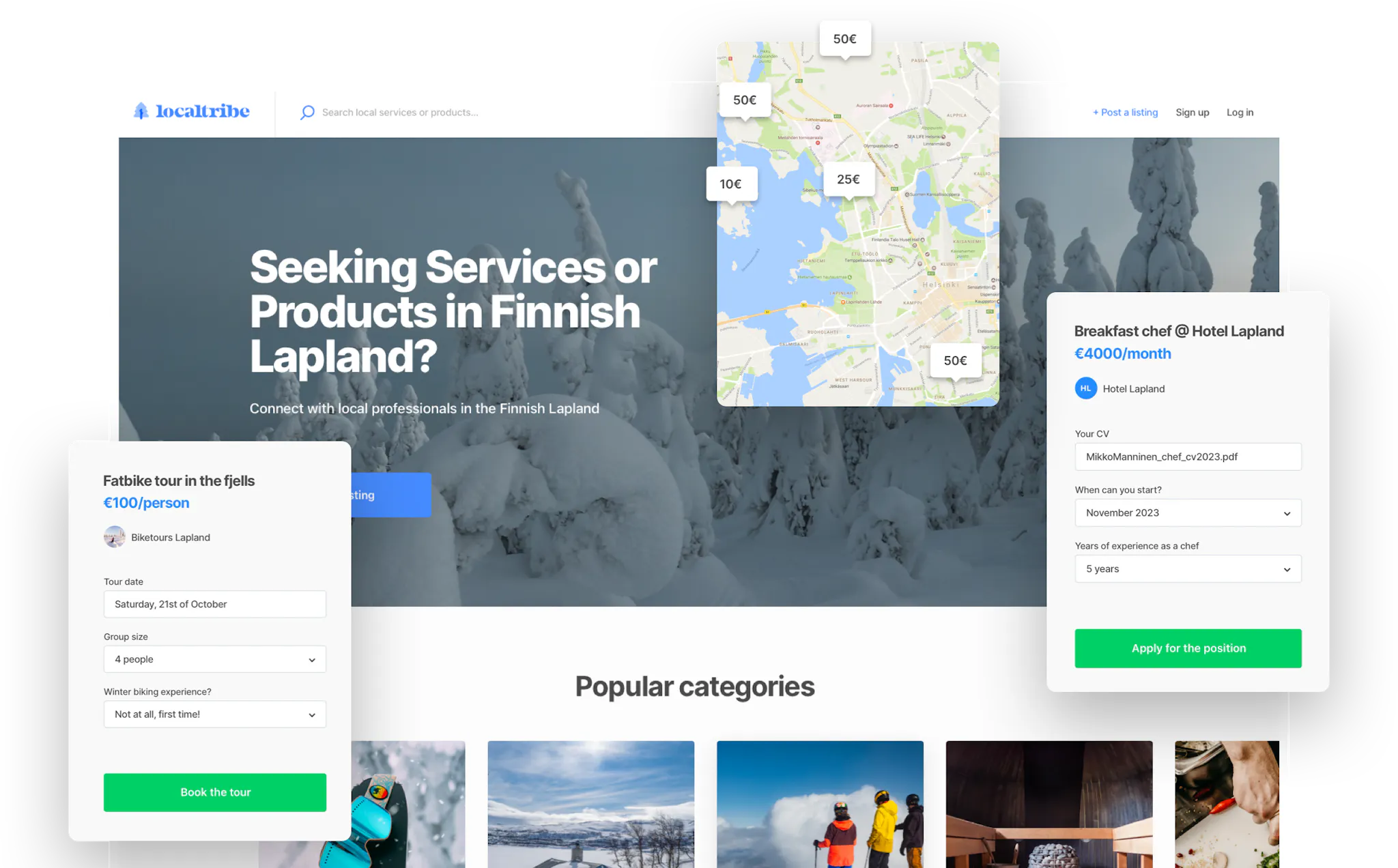 A sample landing page for a local marketplace in Lapland. Overlaid on top is a map with price bubbles and two booking forms: one for fat bike tours and another where a hotel is looking for a chef.