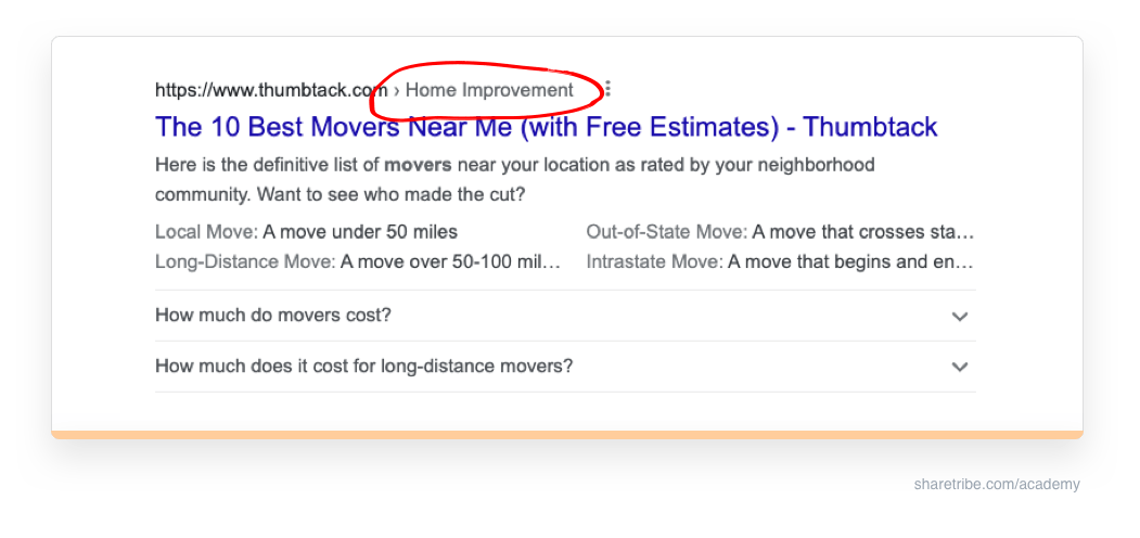 Screenshot of Thumbtack's Google search page result that shows a breadcrumb next to the URL.