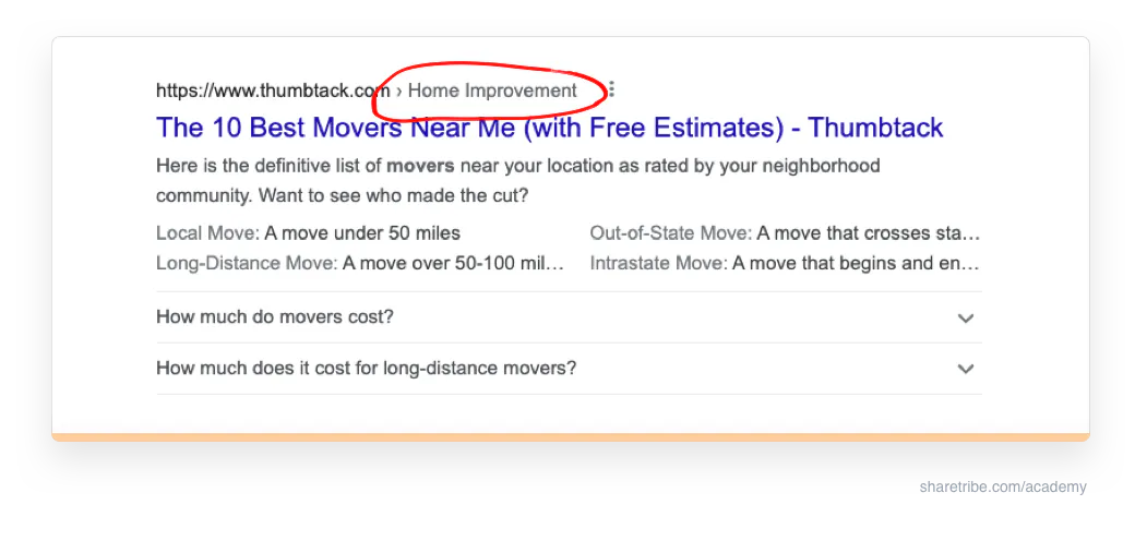 Screenshot of Thumbtack's Google search page result that shows a breadcrumb next to the URL.