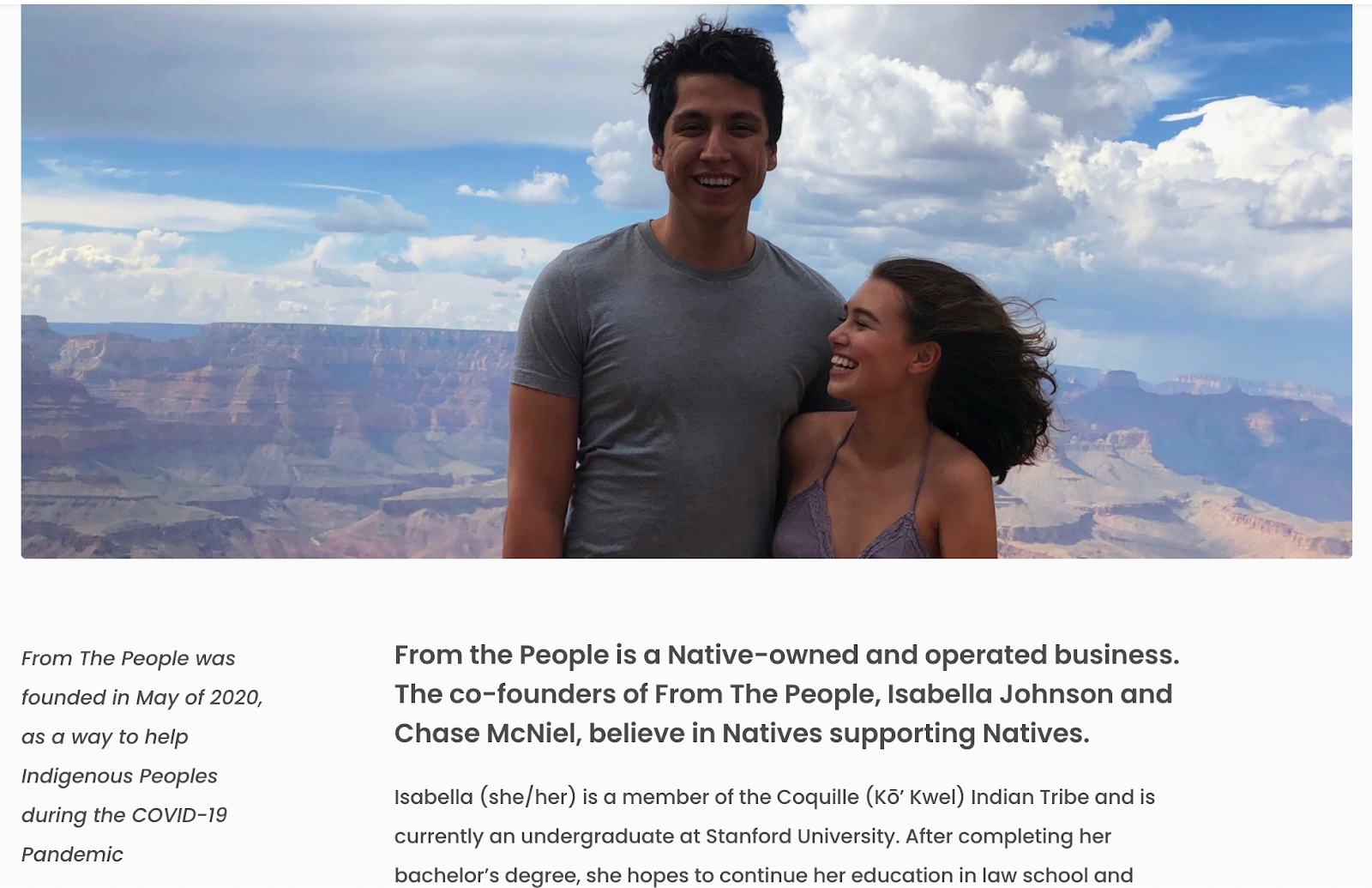 Screenshot of From The People Marketplace with a photo of founders and description of their mission.