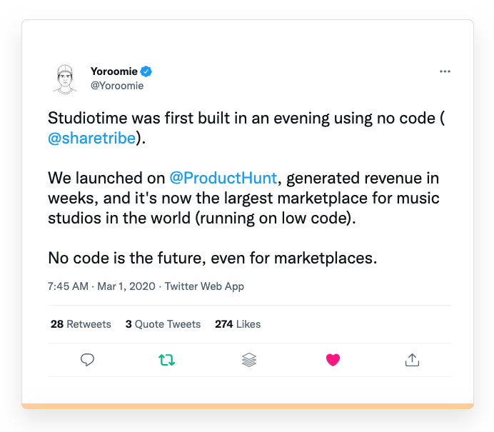Screenshot of a tweet by Studiotime marketplace founder Mike Williams