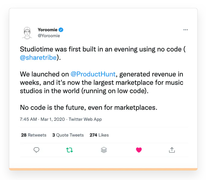 Screenshot of a tweet by Studiotime marketplace founder Mike Williams
